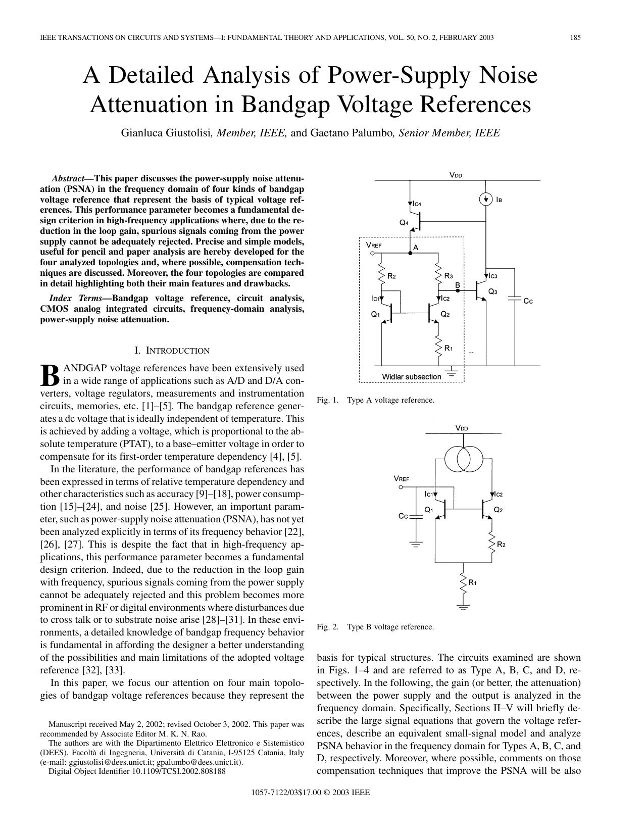 A detailed analysis of power-supply noise attenuation in bandgap voltage references - Circuits and Systems I: Fundamental Theory and Applications, IEEE Transactions on