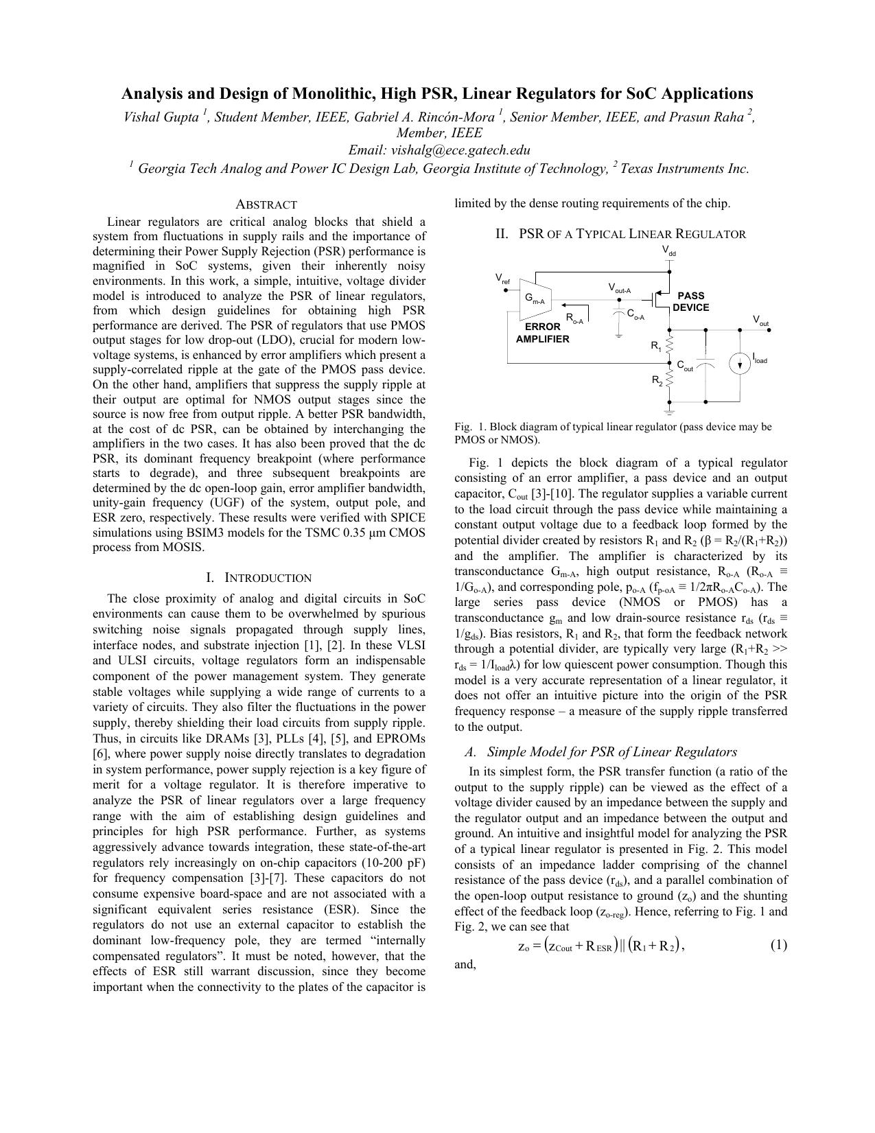 Analysis and Design of Monolithic, High PSR, Linear Regulators for SoC Applications