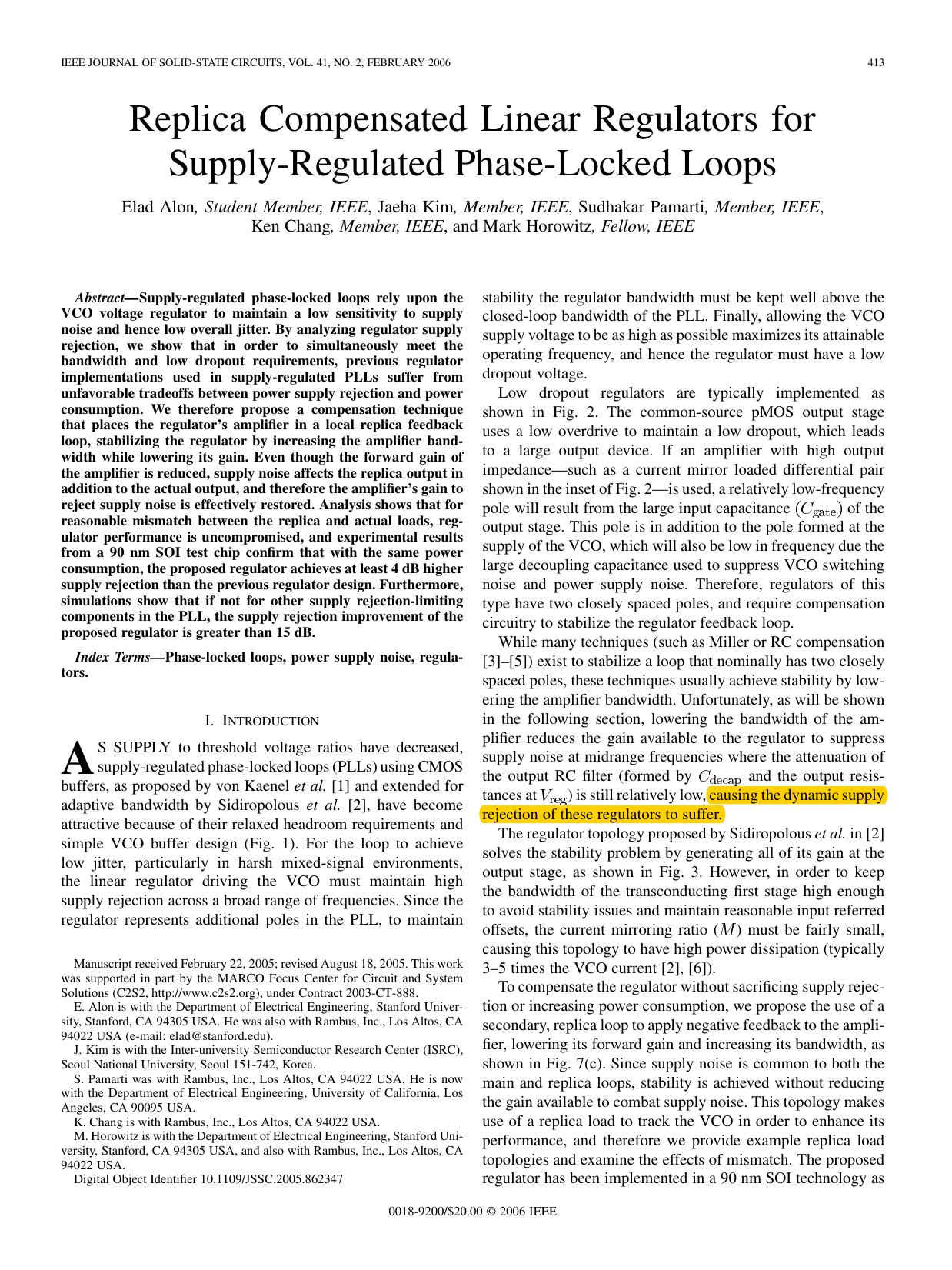 jssc.2005.Replica Compensated Linear Regulators for PLLs