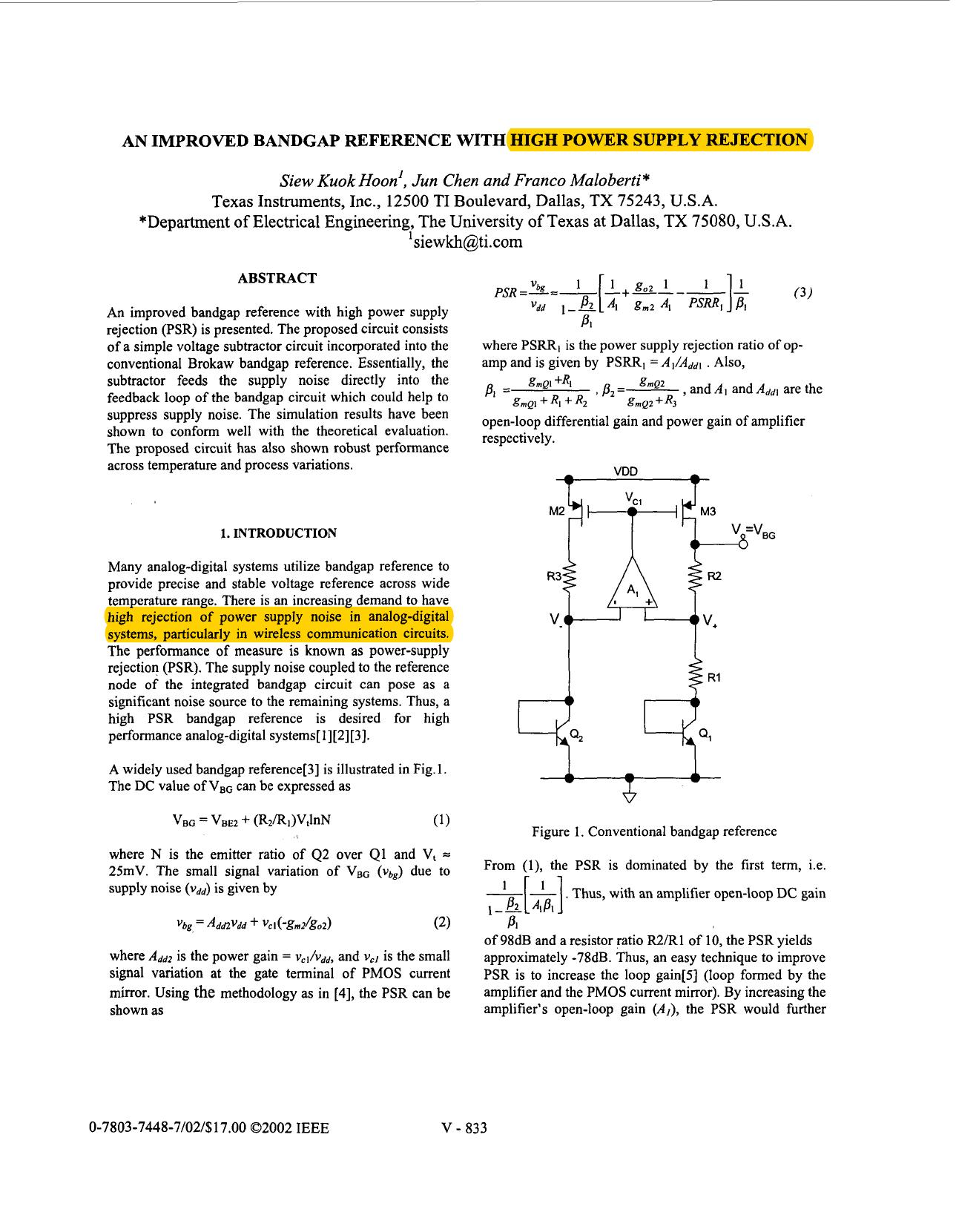 An improved bandgap reference with high power supply rejection - Circuits and Systems, 2002 IEEE International Symposium on