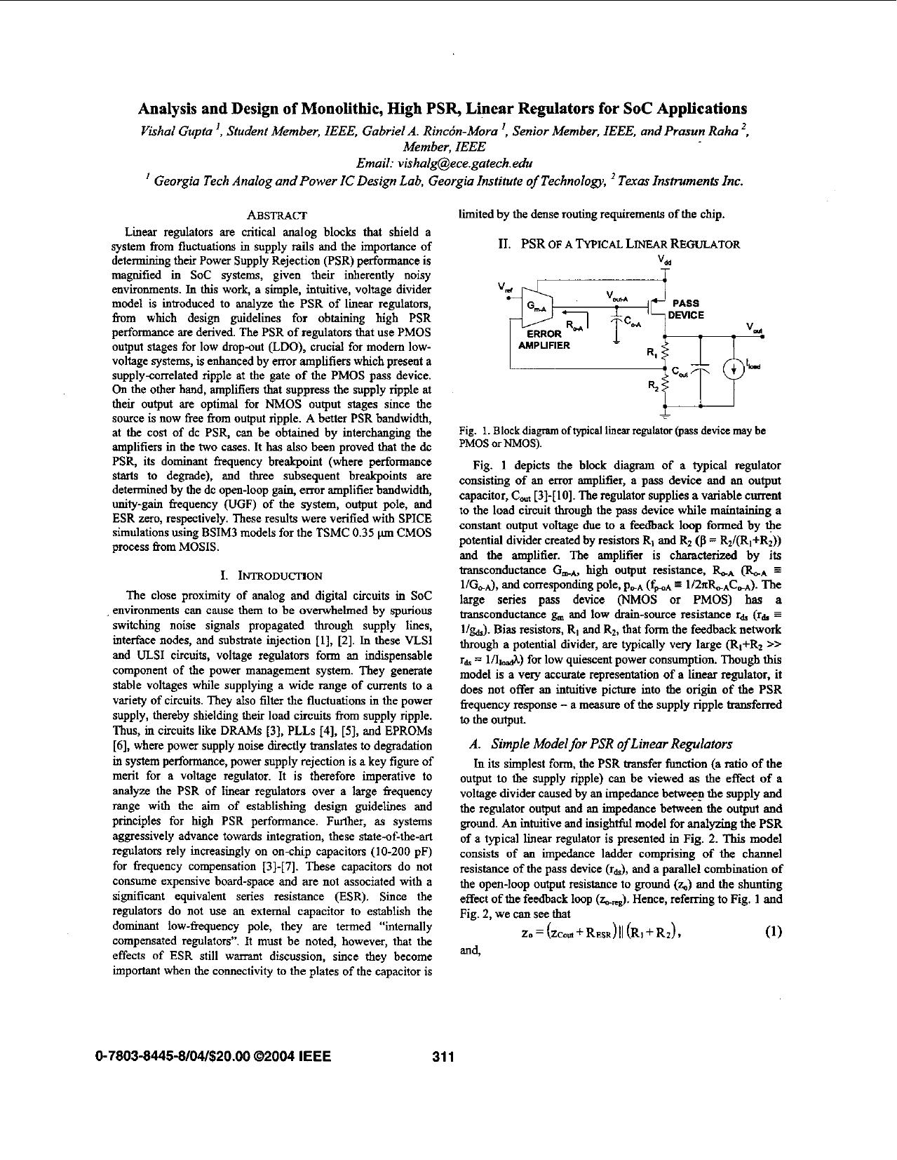 Analysis and design of monolithic, high PSR, linear regulators for SoC applications - SOC Conference, 2004. Proceedings. IEEE International