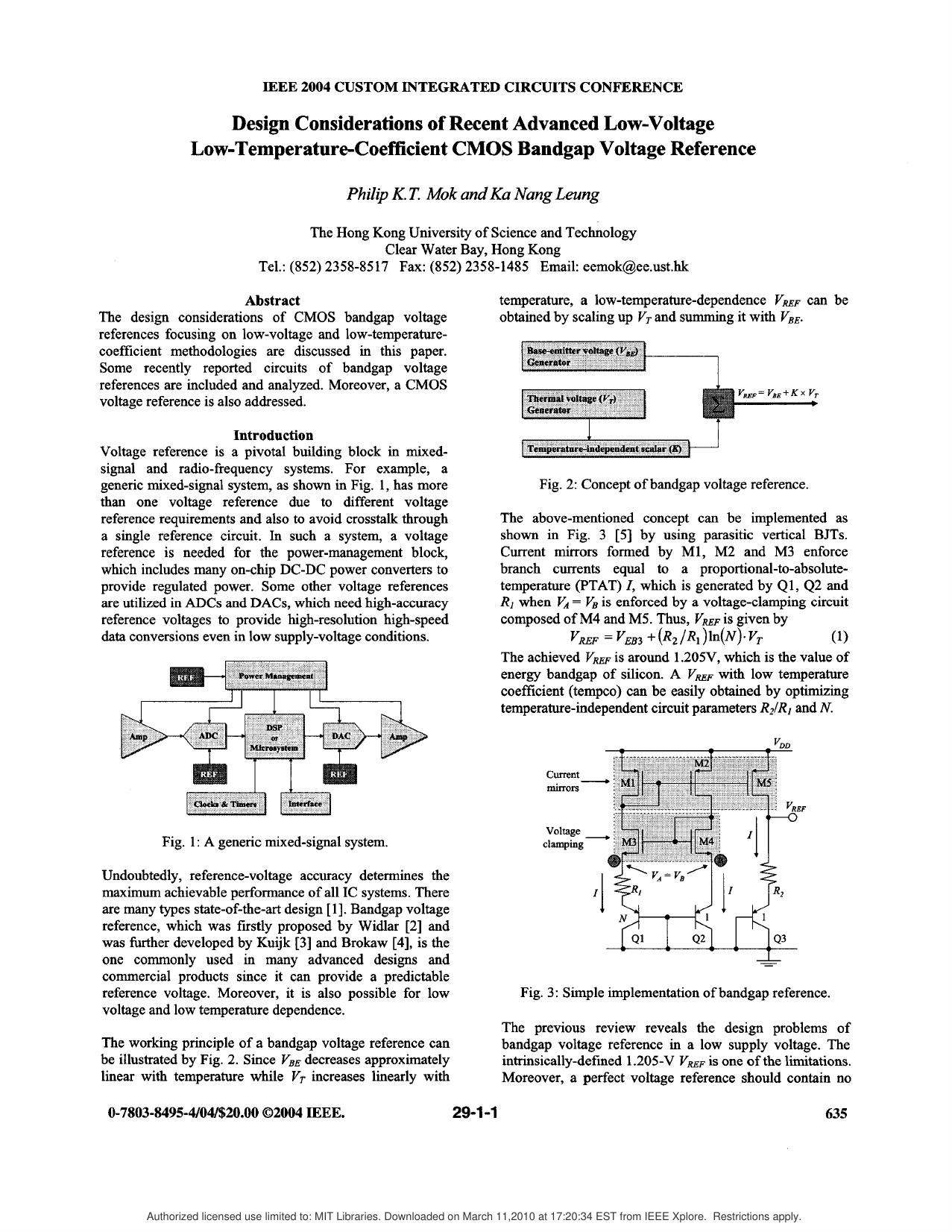 Design considerations of recent advanced low-voltage low-temperature-coefficient CMOS bandgap voltage reference - Custom Integrated Circuits Conference, 2004. Proceedings of the IEEE 2004