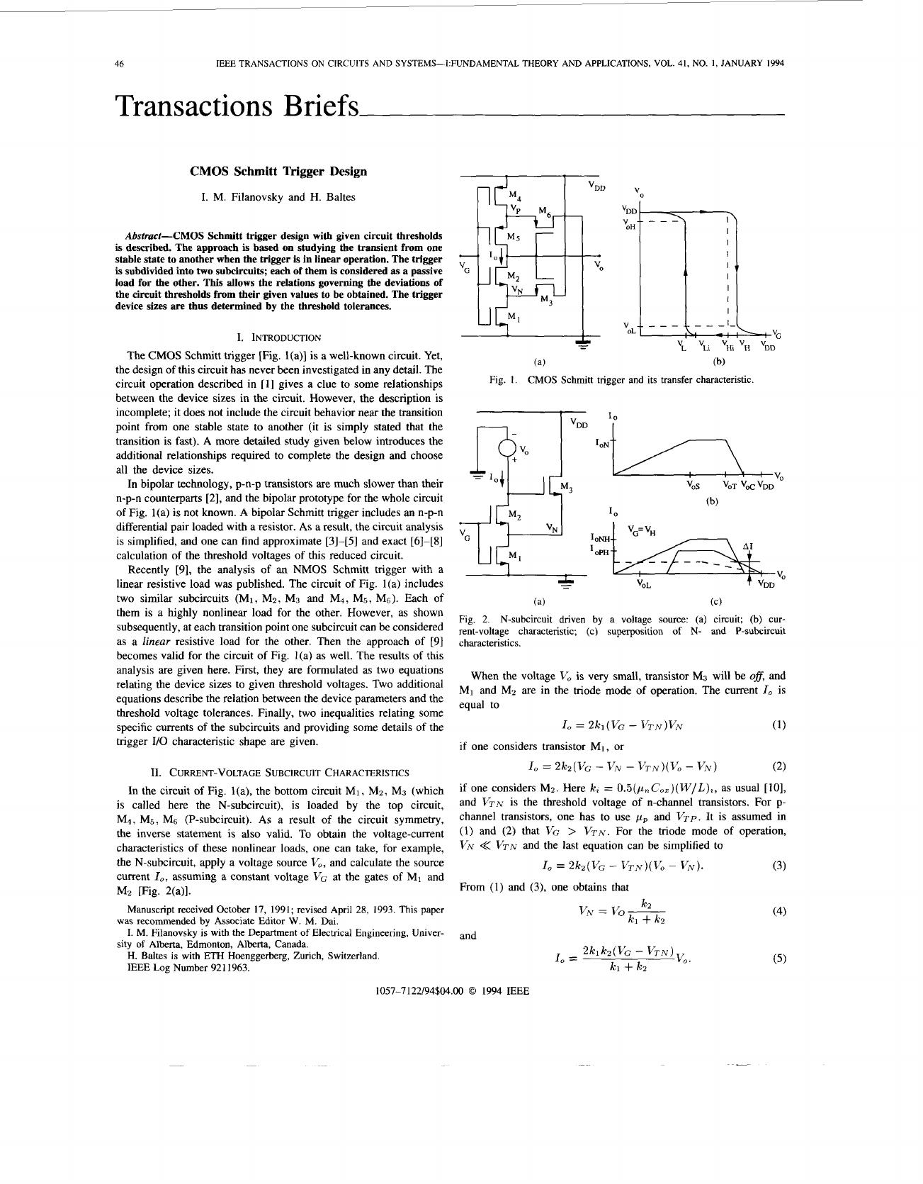 CMOS Schmitt trigger design - Circuits and Systems I: Fundamental Theory and Applications, IEEE Transactions on