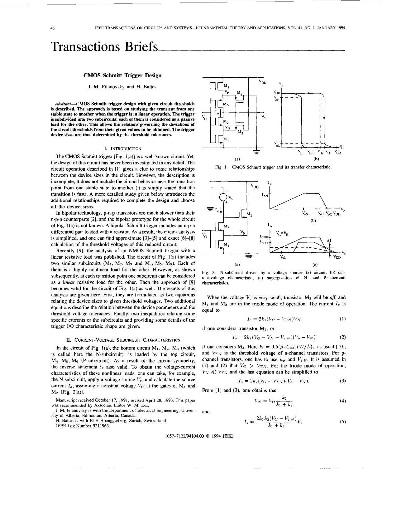 CMOS Schmitt trigger design - Circuits and Systems I: Fundamental Theory and Applications, IEEE Transactions on