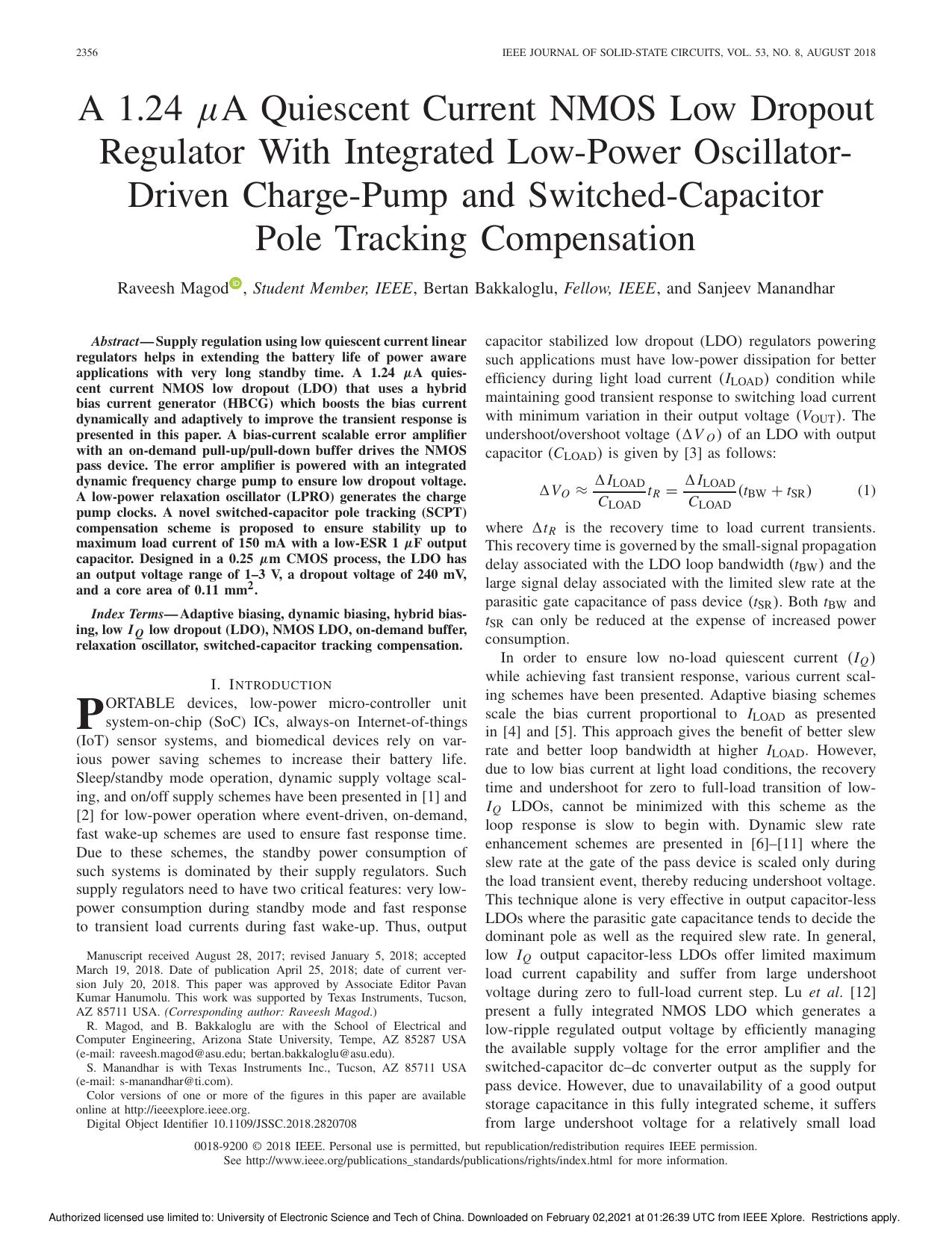 A 1.24 μA Quiescent Current NMOS Low Dropout  Regulator With Integrated Low-Power Oscillator-  Driven Charge-Pump and Switched-Capacitor  Pole Tracking Compensation