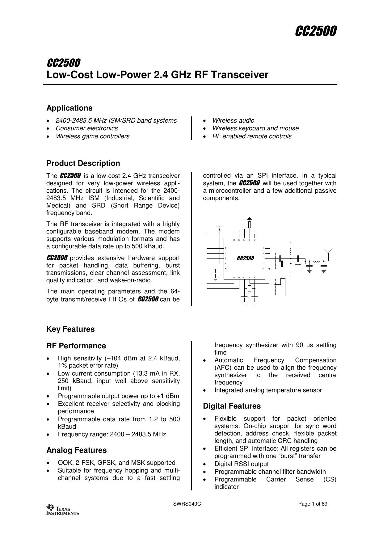 Low-Cost Low-Power 2.4 GHz RF Transceiver datasheet (Rev. C)