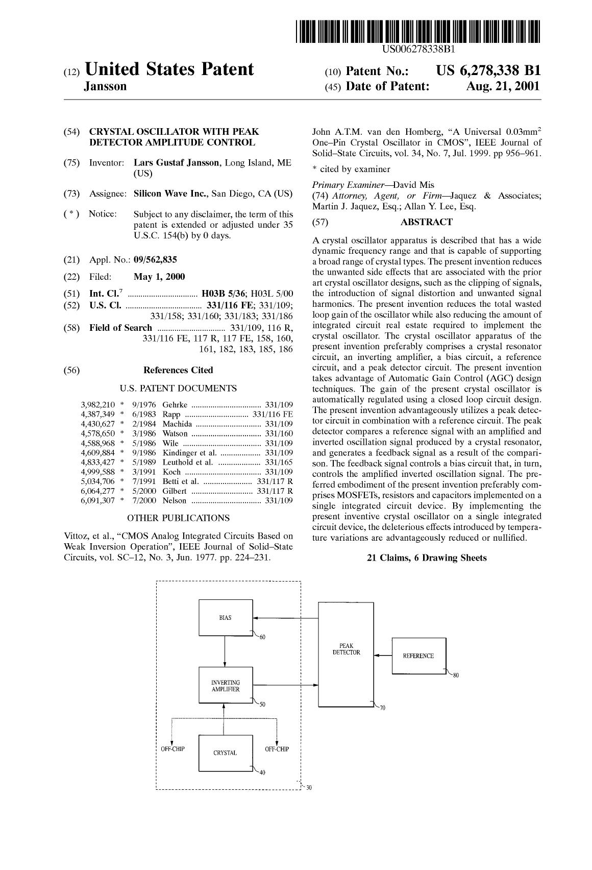 CRYSTAL OSCILLATOR WITH PEAK DETECTOR AMPLITUDE CONTROL