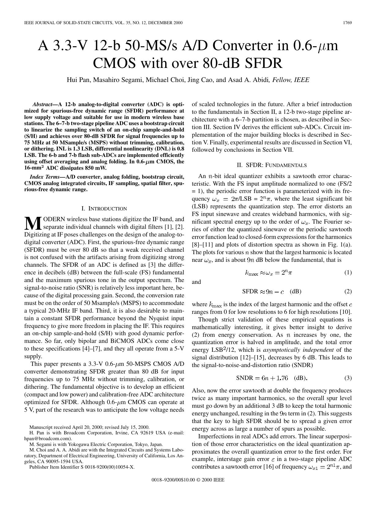 A 3.3-V 12-b 50-MS/s A/D converter in 0.6-/spl mu/m CMOS with over 80-dB SFDR - Solid-State Circuits, IEEE Journal of