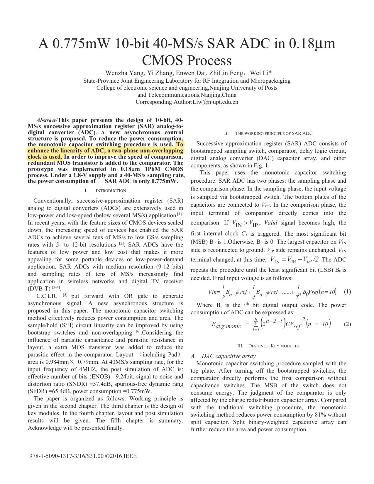 A 0.775mW 10-bit 40-MS/s SAR ADC in 0.18&#x03BC;m CMOS process