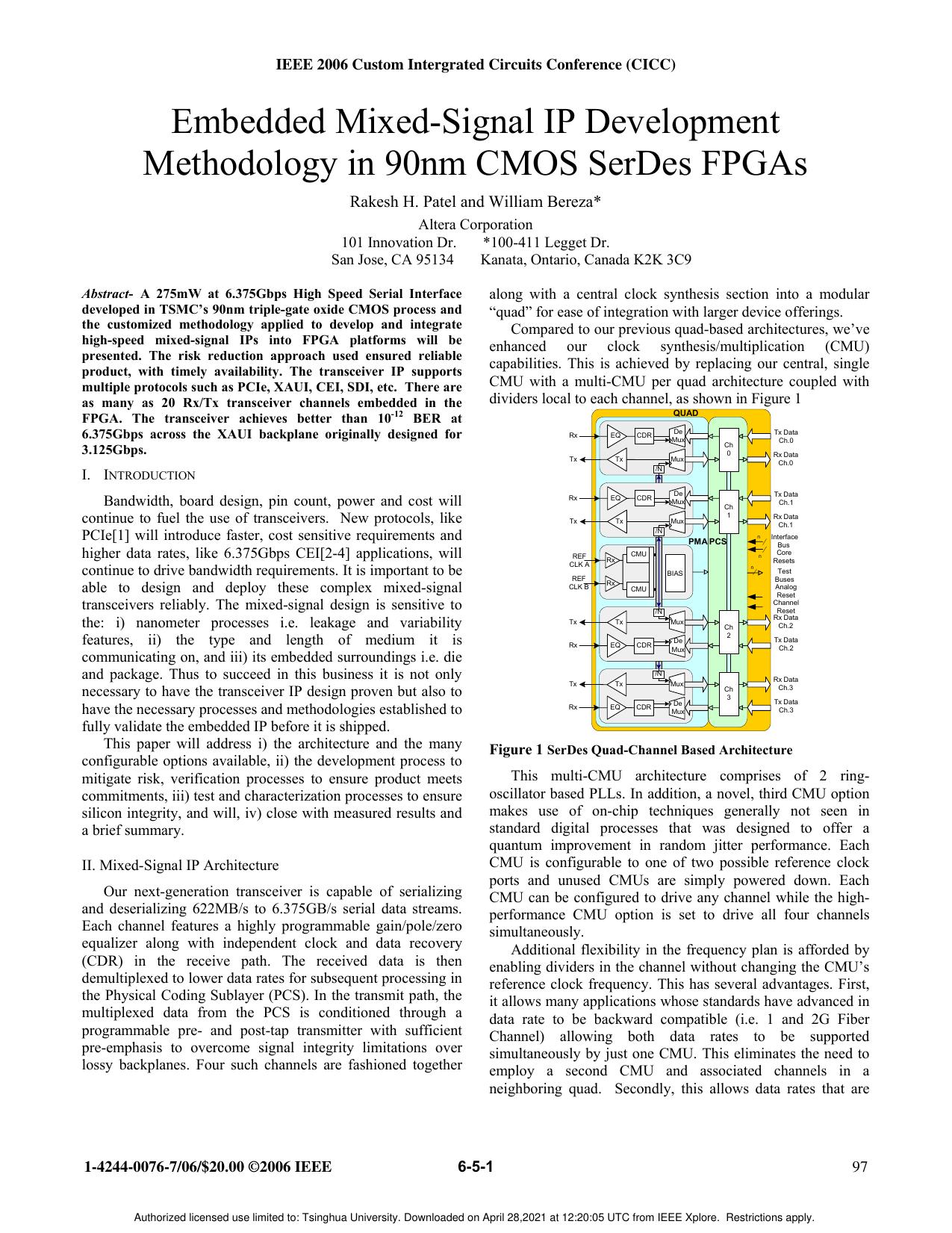 Embedded Mixed-Signal IP Development Methodology in 90nm CMOS SerDes FPGAs