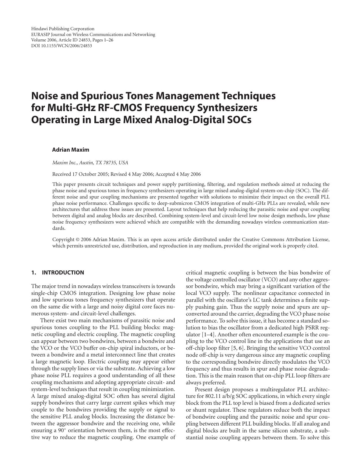 Noise and Spurious Tones Management Techniques for Multi-GHz RF-CMOS Frequency Synthesizers Operating in Large Mixed Analog-Digital SOCs