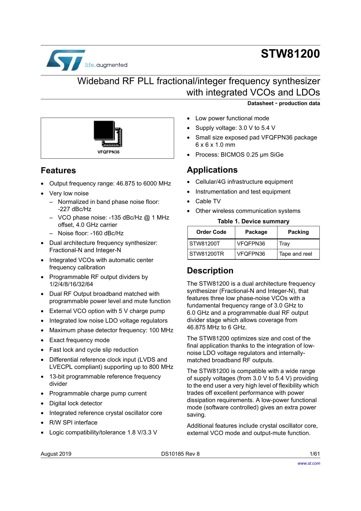 Wideband RF PLL fractional/integer frequency synthesizer with integrated VCOs and LDOs