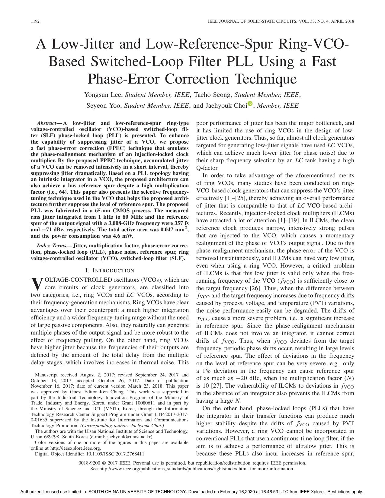 A Low-Jitter and Low-Reference-Spur Ring-VCO-Based Switched-Loop Filter PLL Using a Fast Phase-Error Correction Technique