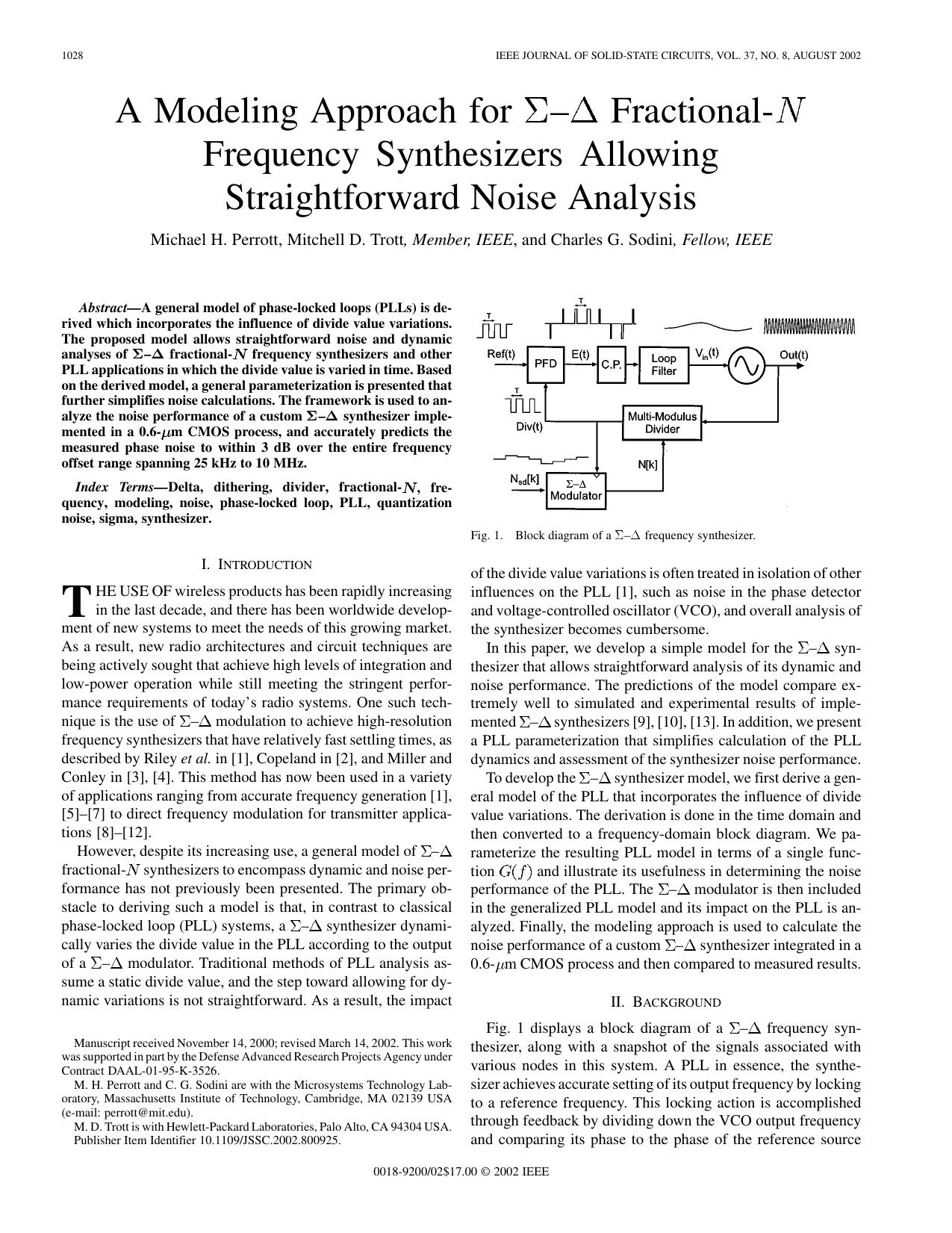 A modeling approach for /spl Sigma/-/spl Delta/ fractional-N frequency synthesizers allowing straightforward noise analysis