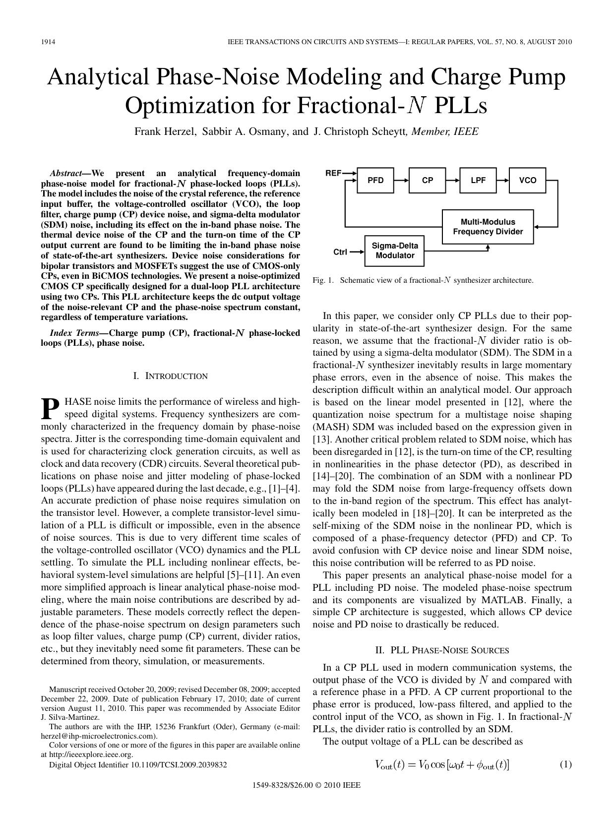 Analytical Phase-Noise Modeling and Charge Pump Optimization for Fractional-<formula formulatype="inline"><tex Notation="TeX">$N$</tex> </formula> PLLs