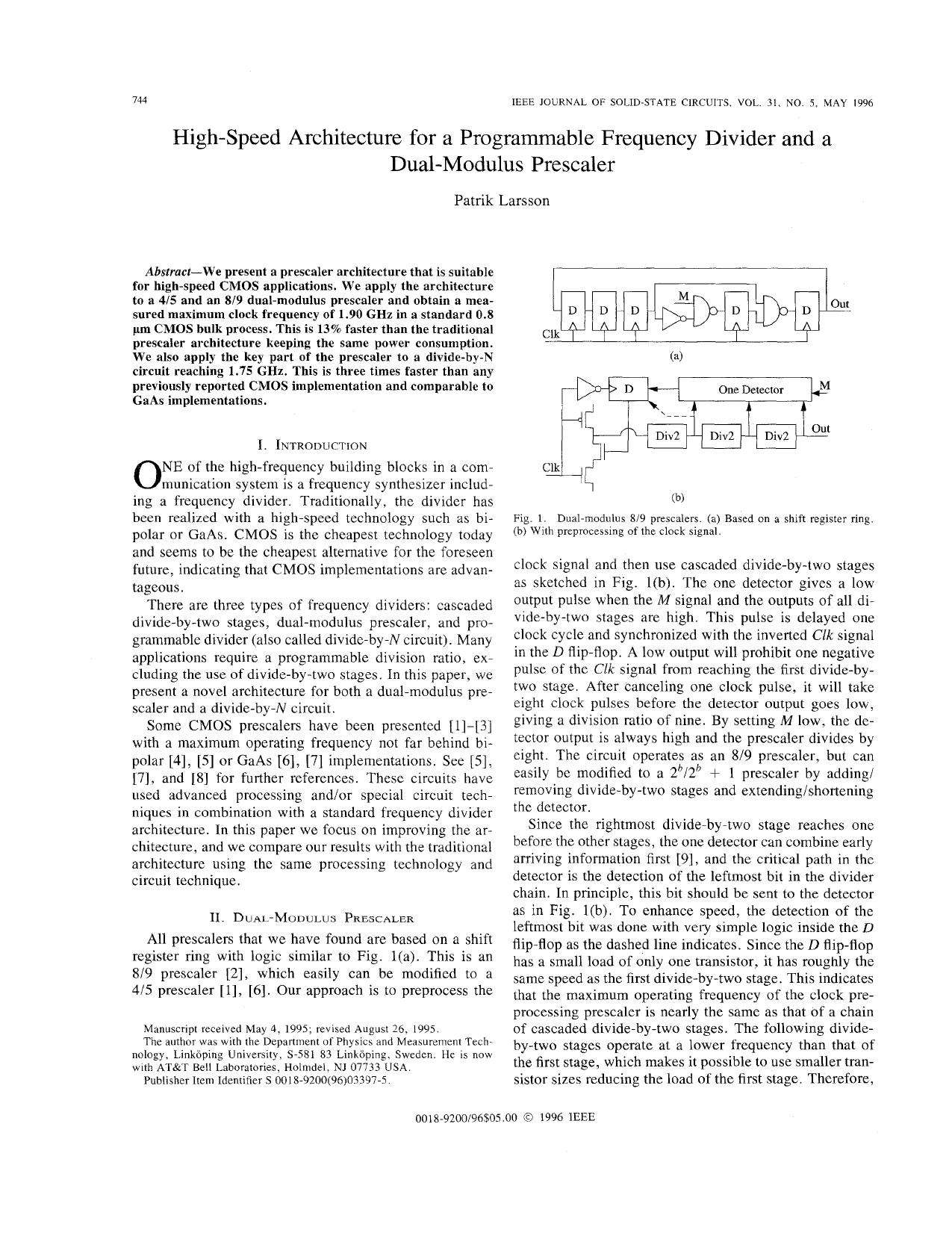 High-Speed Architecture for a Programmable Frequency Divider and a Dual-Modulus Prescaler - Solid-State Circuits, IEEE Journal of