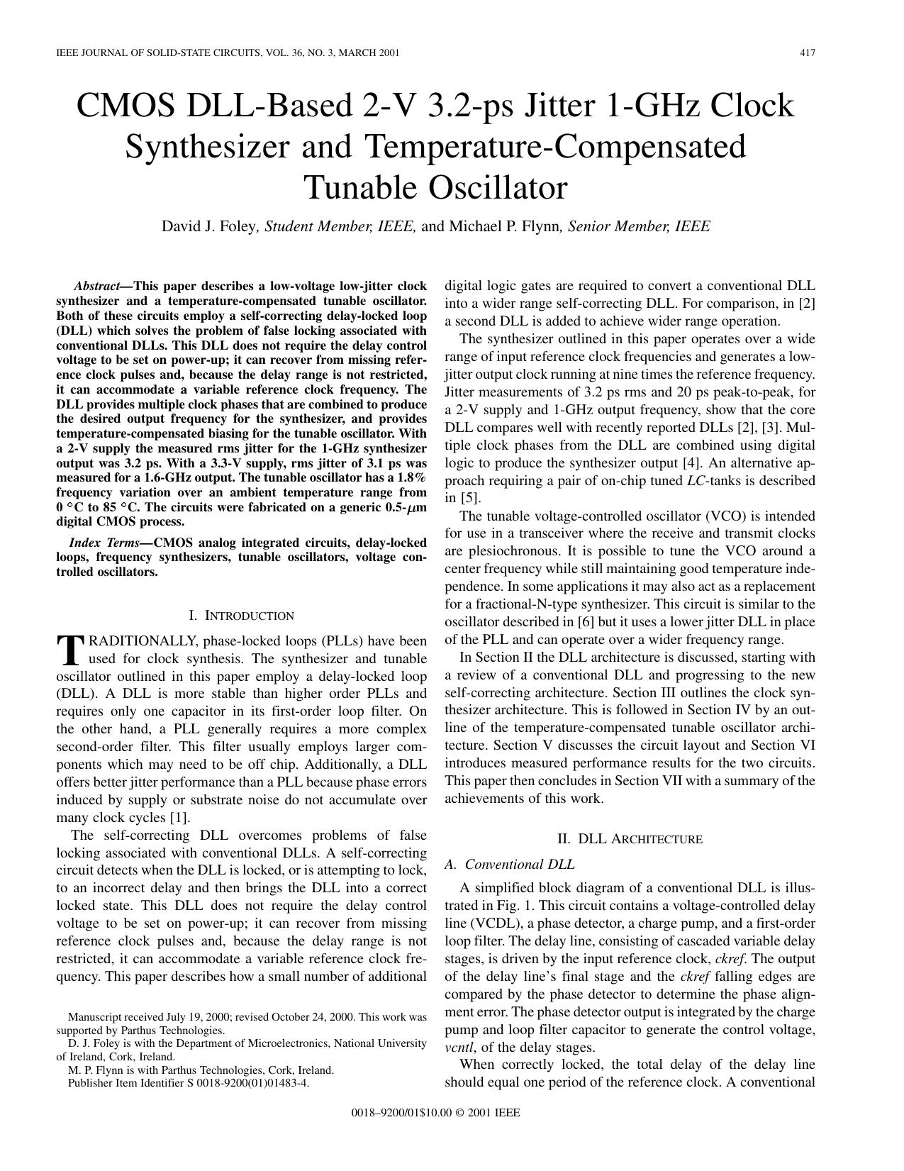 CMOS DLL-based 2-V 3.2-ps jitter 1-GHz clock synthesizer and temperature-compensated tunable oscillator