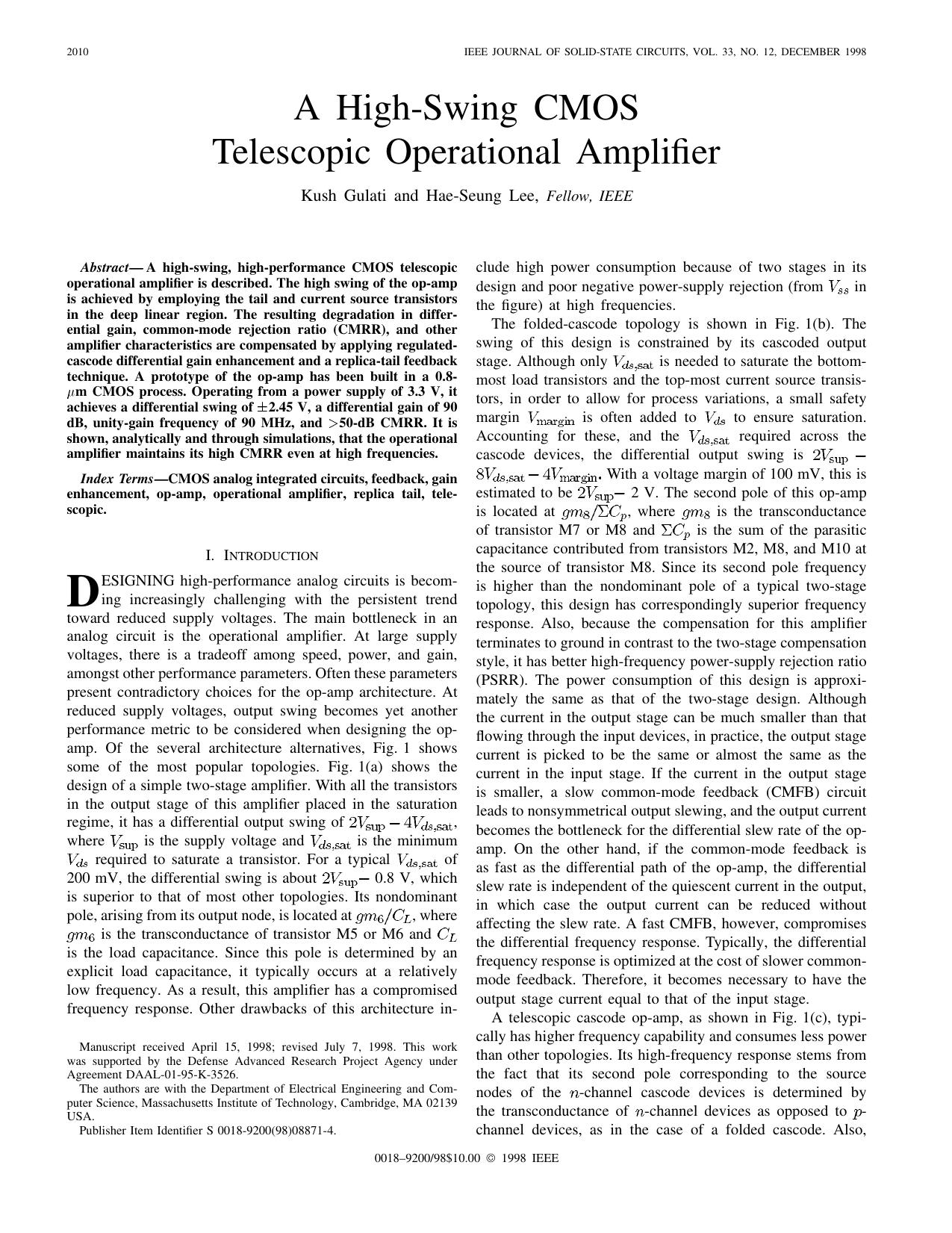 A High-swing Cmos Telescopic Operational Amplifier - Solid-State Circuits, IEEE Journal of