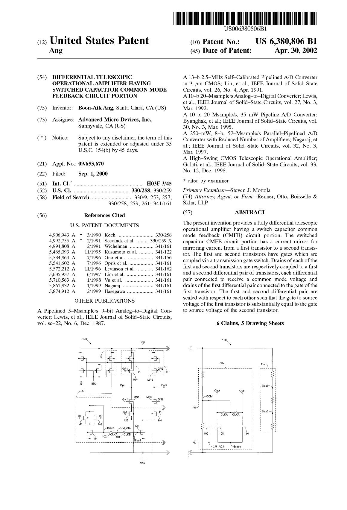 US6380806B1-Differential telescopic operational amplifier having switched capacitor common mode feedback circuit portion