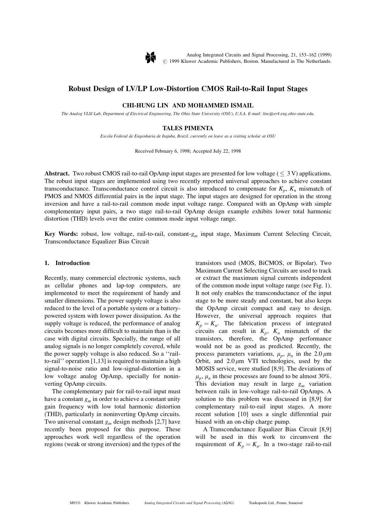 Robust Design of LV/LP Low-Distortion CMOS Rail-to-Rail Input Stages