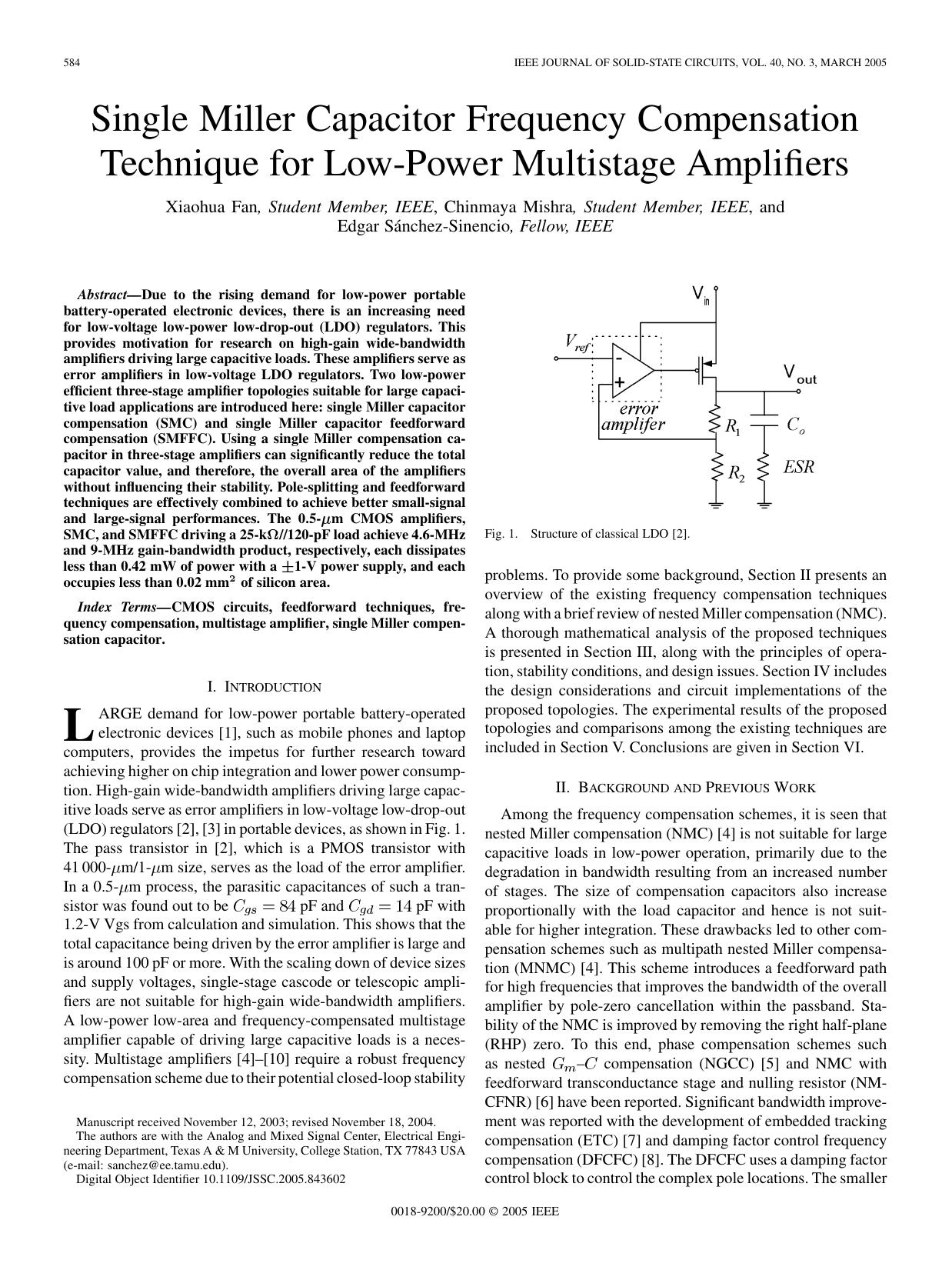 Single miller capacitor frequency compensation technique for low power multistage amplifiers