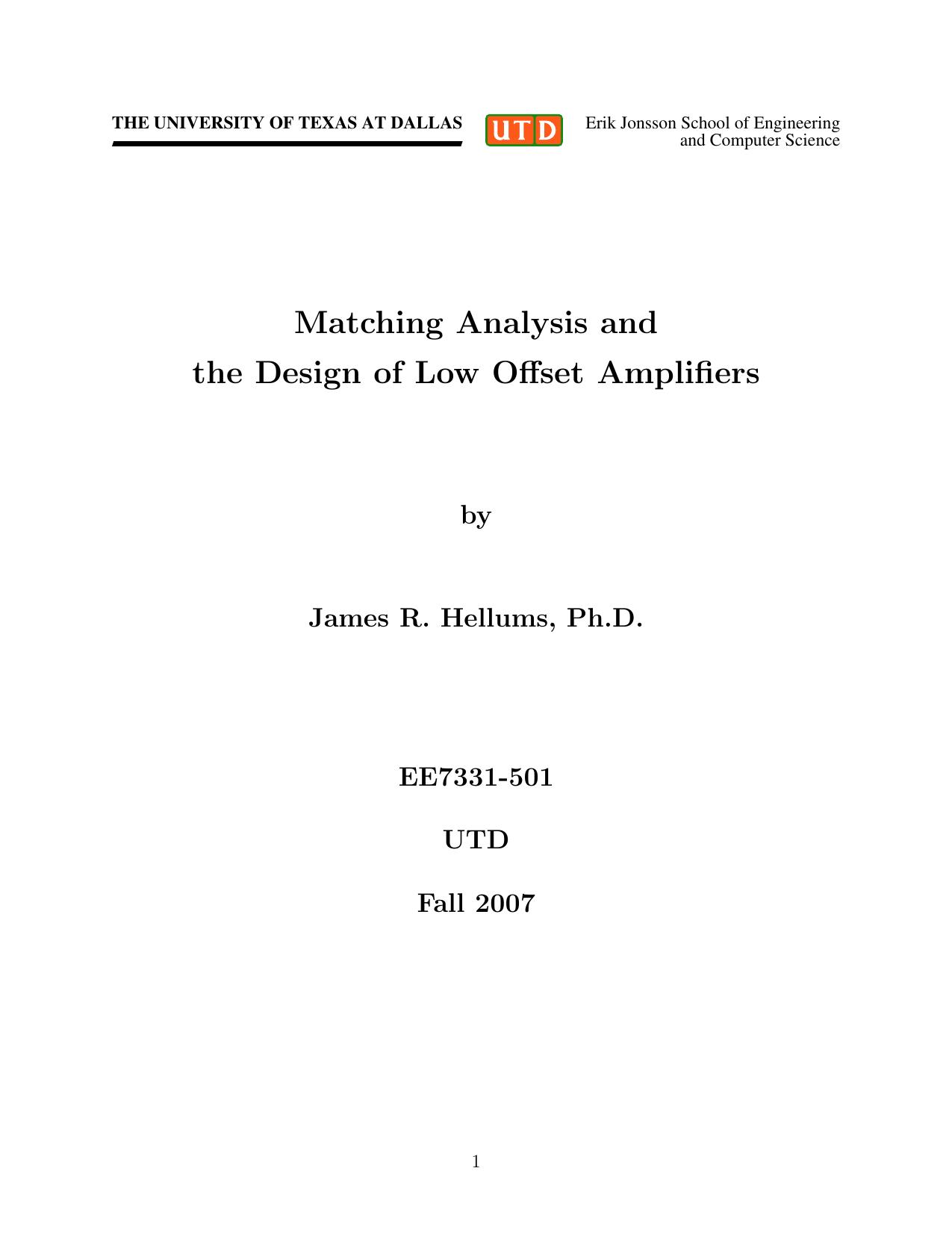 Matching Analysis and  the Design of Low Offset Amplifiers