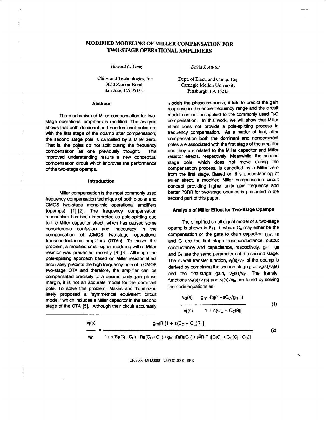 Modified modeling of Miller compensation for two-stage operational amplifiers