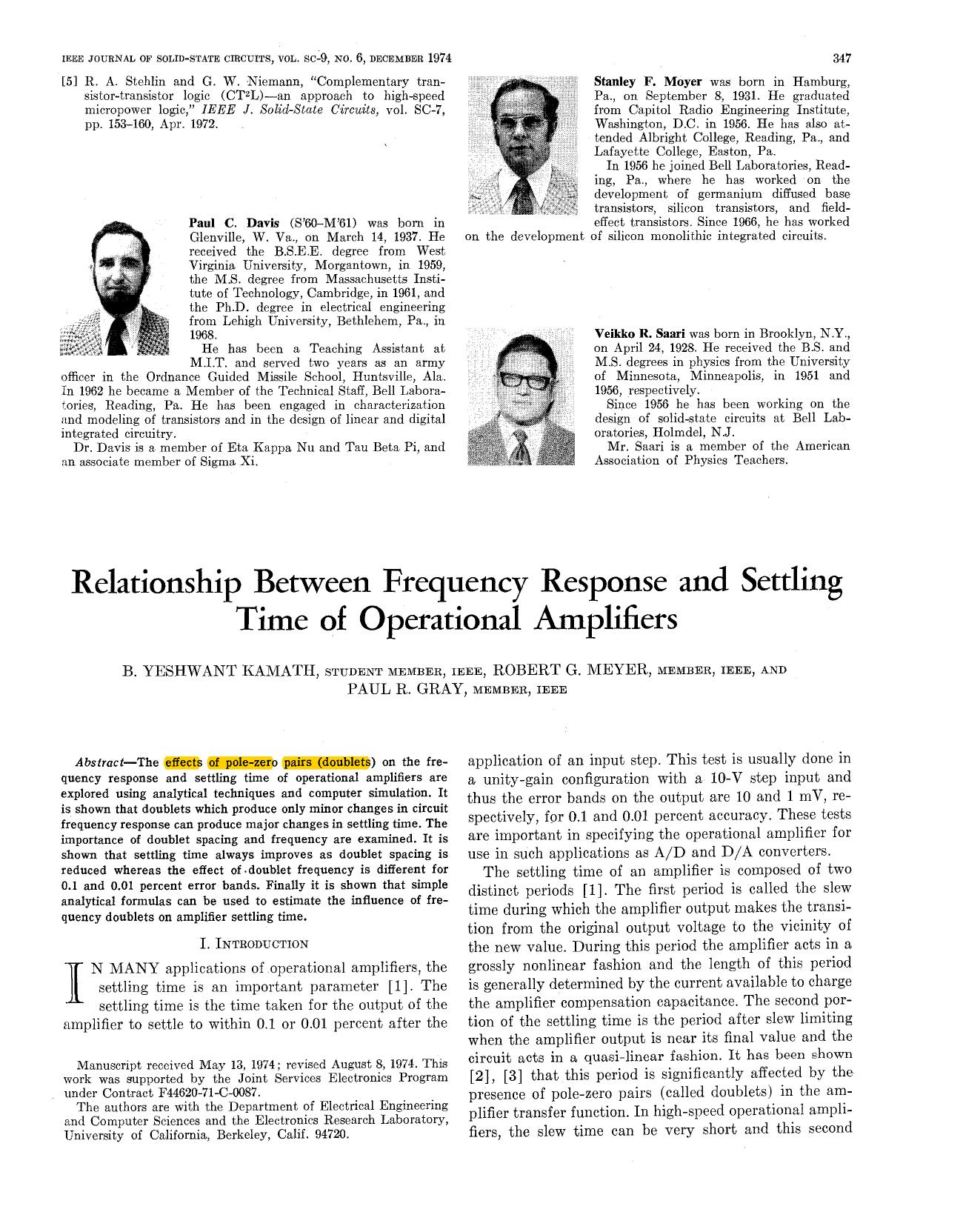 Relationship between frequency response and settling time of operational amplifiers