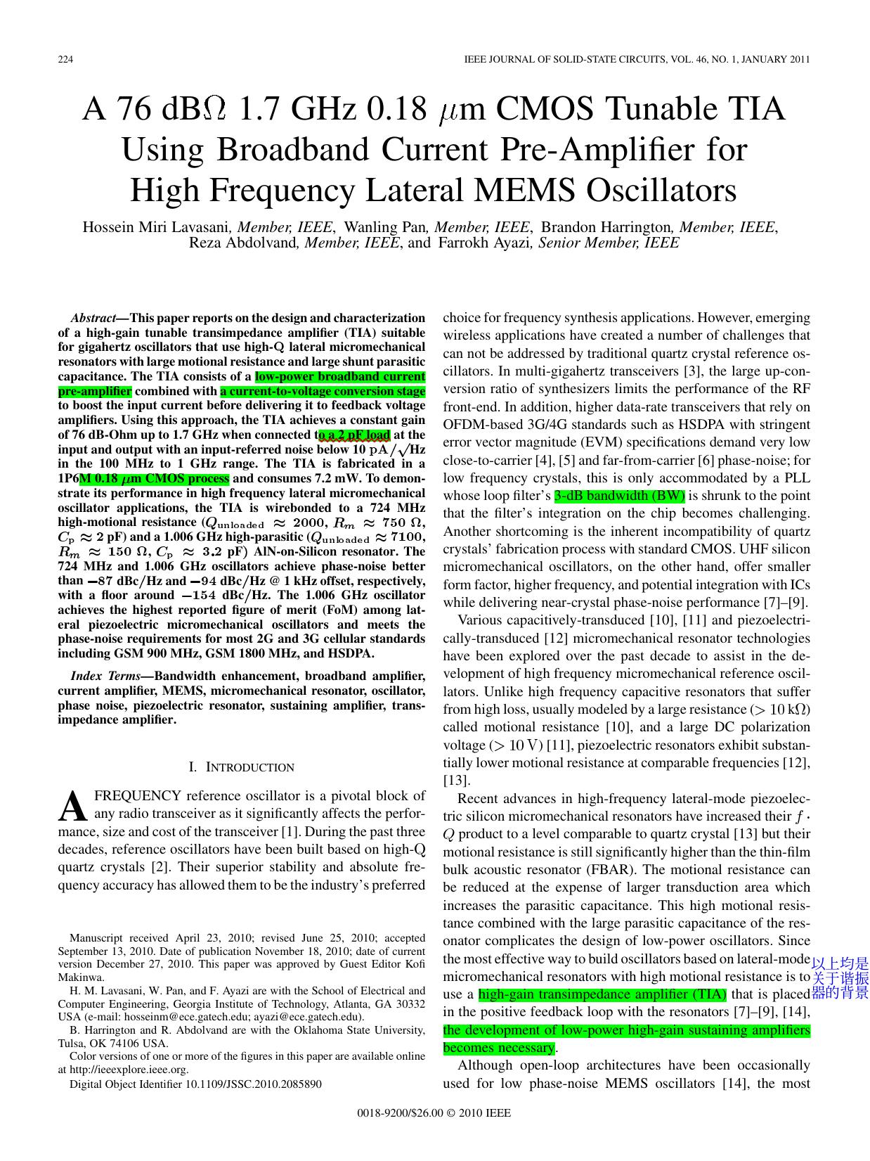A 76 dB 1.7 GHz 0.18 m CMOS Tunable TIA  Using Broadband Current Pre-Amplifier for  High Frequency Lateral MEMS Oscillators