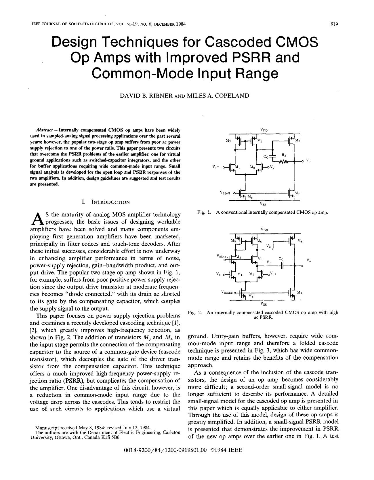 Design techniques for cascoded CMOS op amps with improved PSRR and common-mode input range