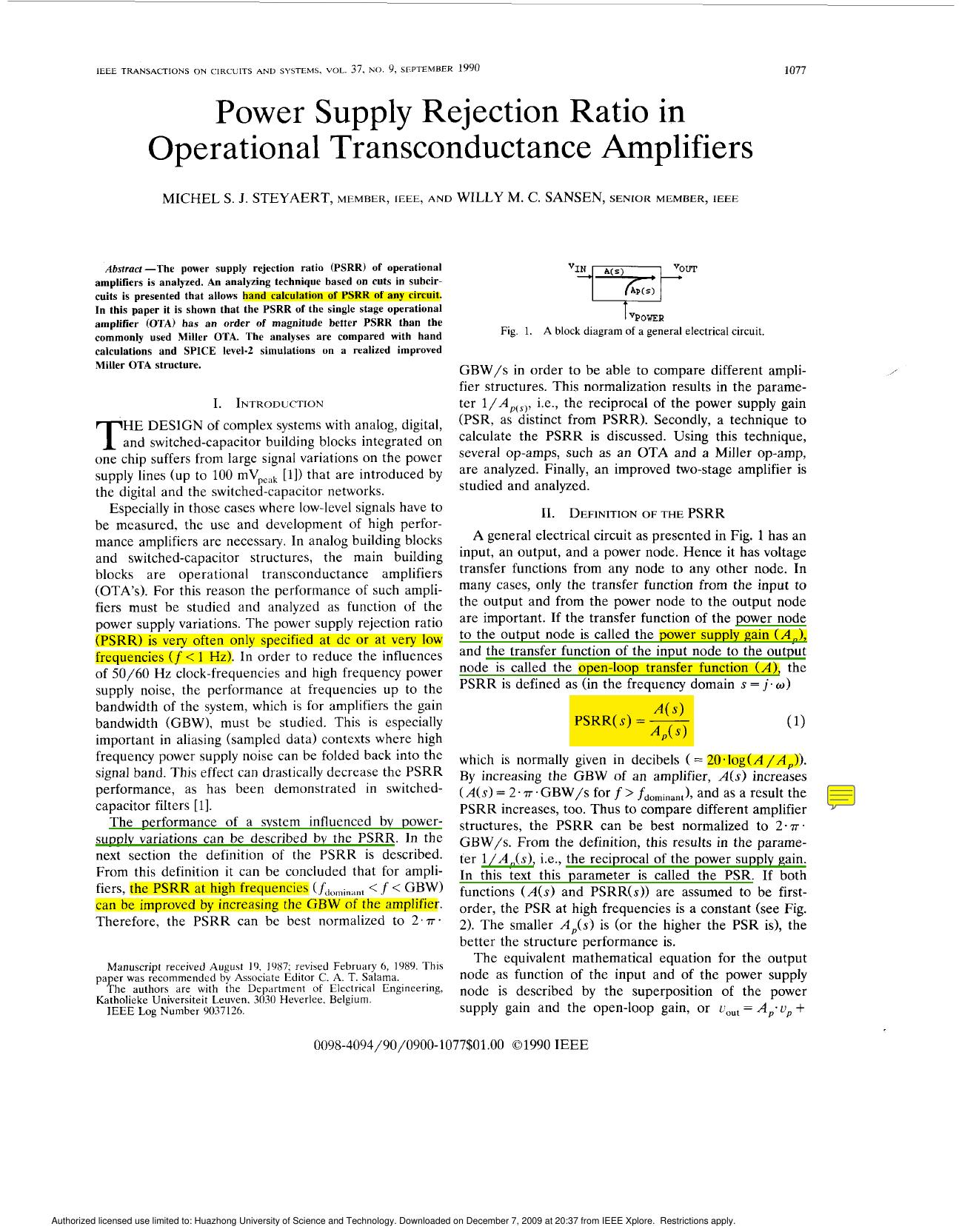 Power supply rejection ratio in operational transconductance amplifiers - Circuits and Systems, IEEE Transactions on