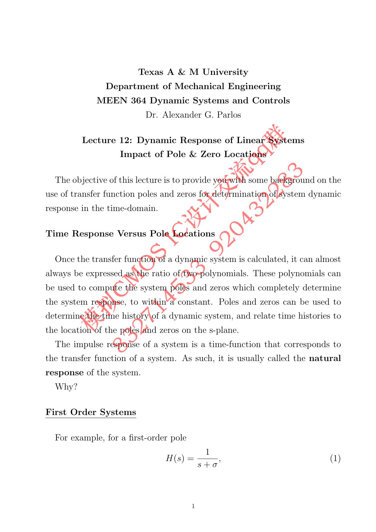 Dynamic Response of Linear Systems Impact of Pole & Zero Locations