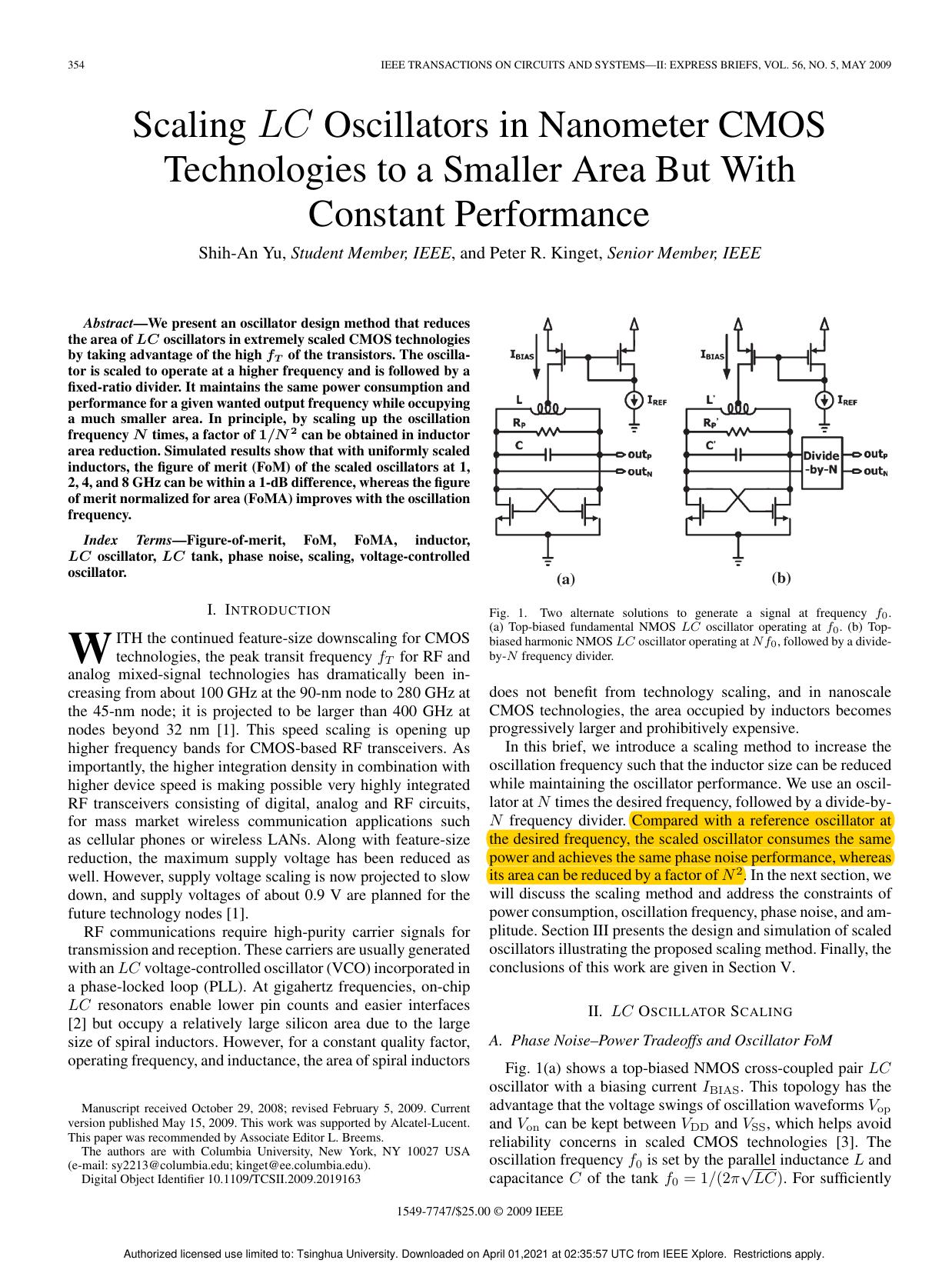 Scaling <formula formulatype="inline"><tex Notation="TeX">$LC$</tex></formula> Oscillators in Nanometer CMOS Technologies to a Smaller Area But With Constant Performance