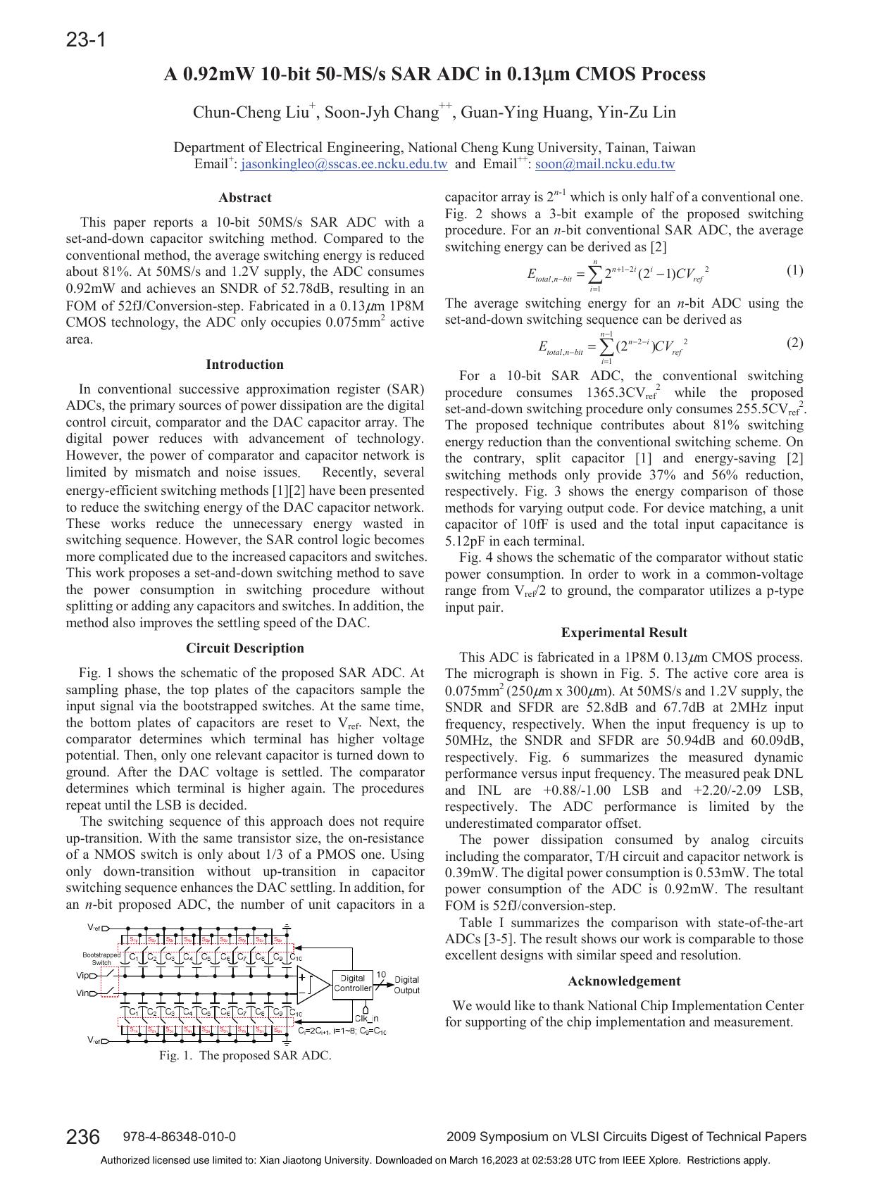 A 0.92mW 10-bit 50-MS/s SAR ADC in 0.13&#x03BC;m CMOS process