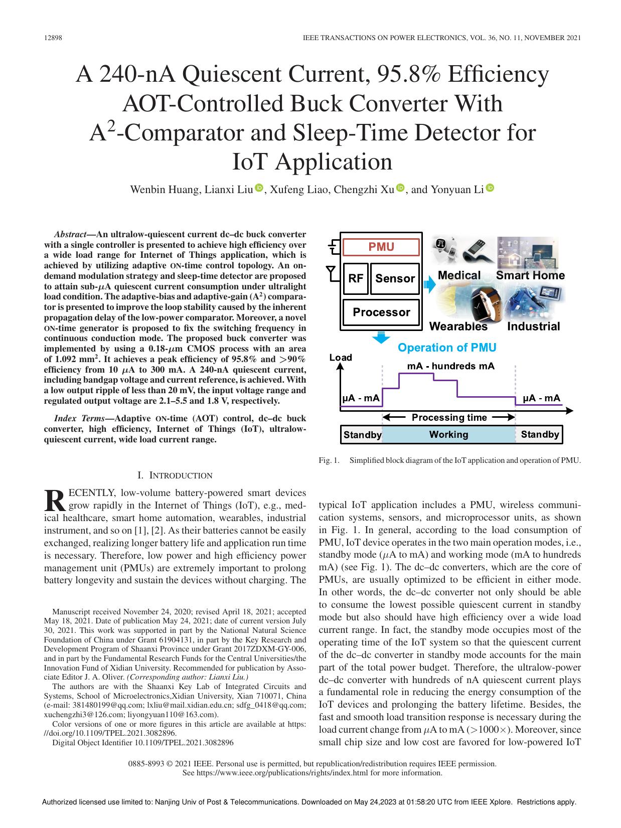 A 240-nA Quiescent Current, 95.8&#x0025; Efficiency AOT-Controlled Buck Converter With A<sup>2</sup>-Comparator and Sleep-Time Detector for IoT Application