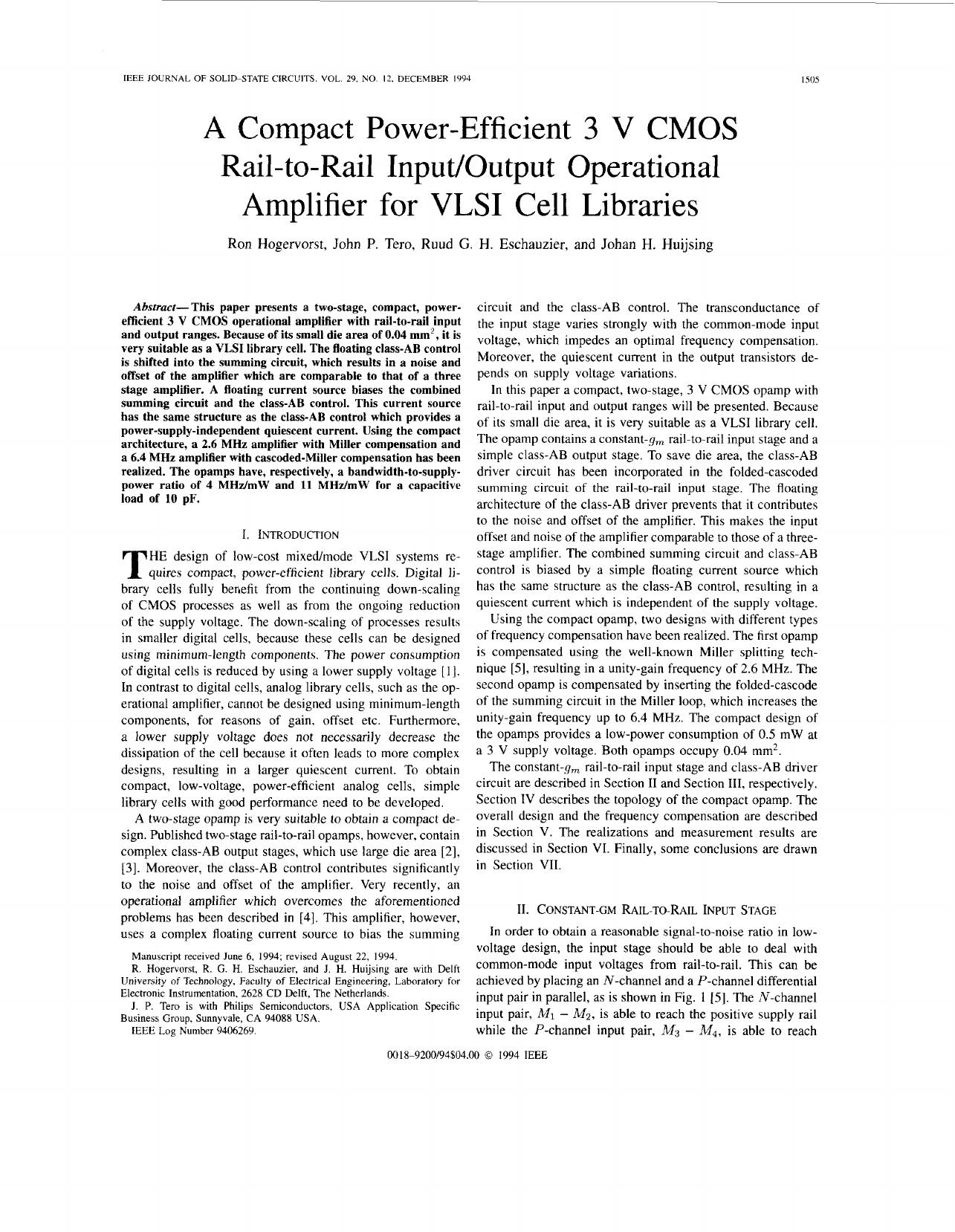 A compact power-efficient 3 V CMOS rail-to-rail input/output operational amplifier for VLSI cell lib - Solid-State Circuits, IEEE Journal of