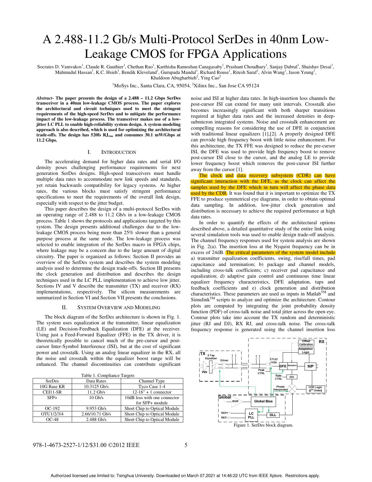 A 2.488&#x2013;11.2 Gb/s multi-protocol SerDes in 40nm low-leakage CMOS for FPGA applications