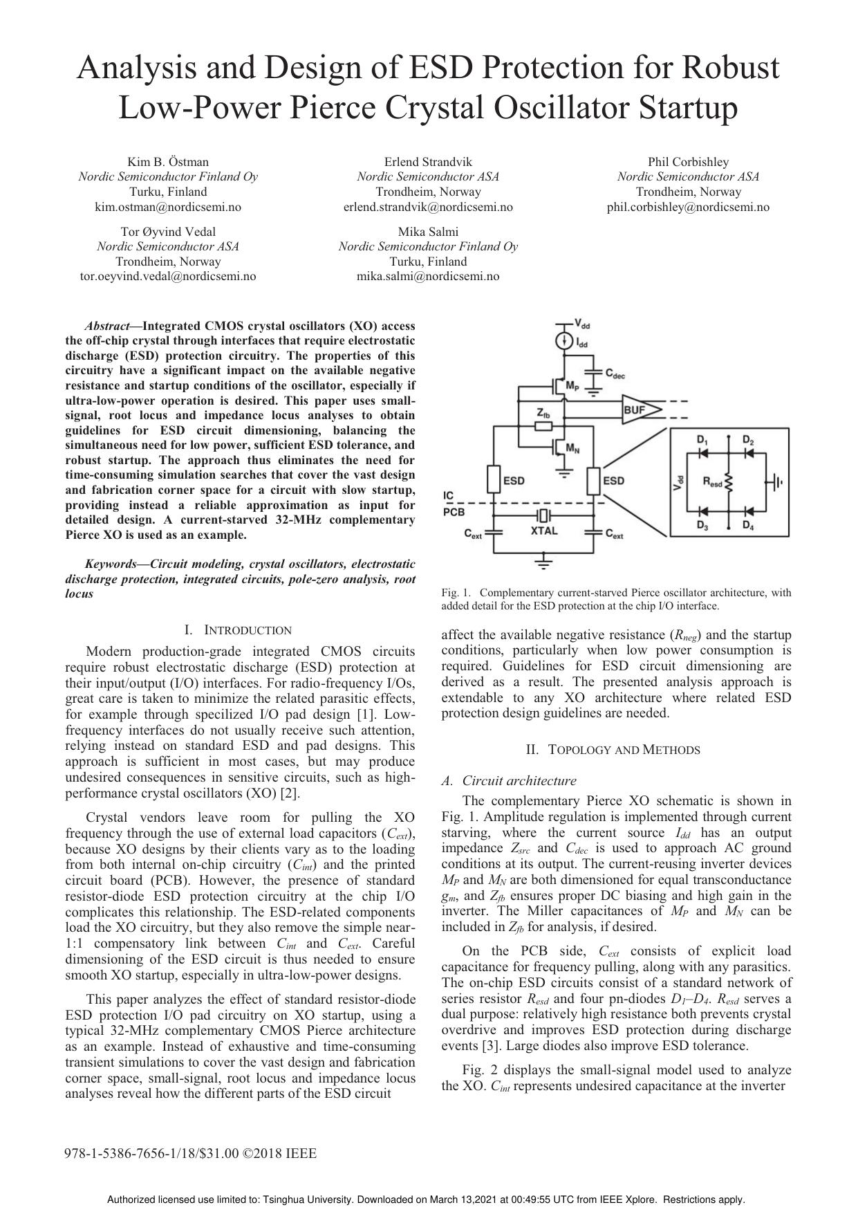 Analysis and Design of ESD Protection for Robust Low-Power Pierce Crystal Oscillator Startup