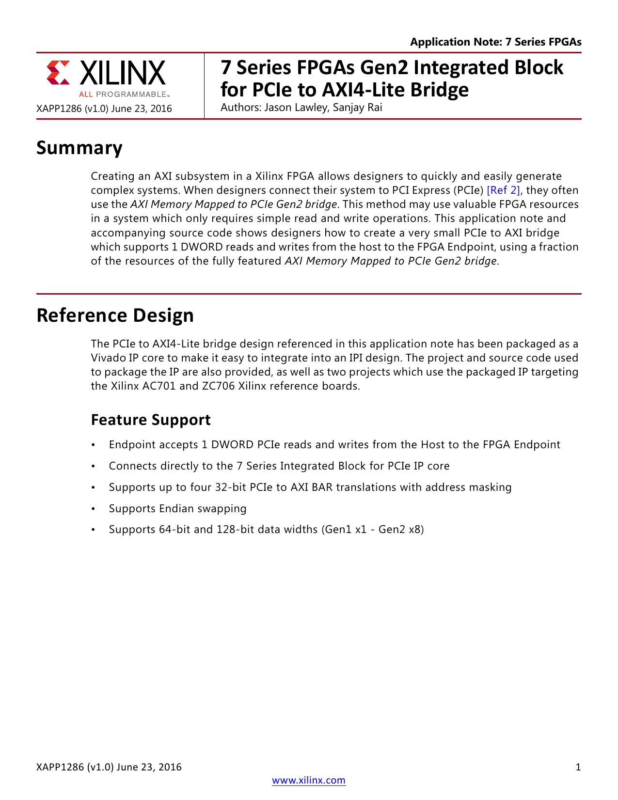 7 Series FPGAs Gen2 Integrated Block for PCIe to AXI4-Lite Bridge (XAPP1286)