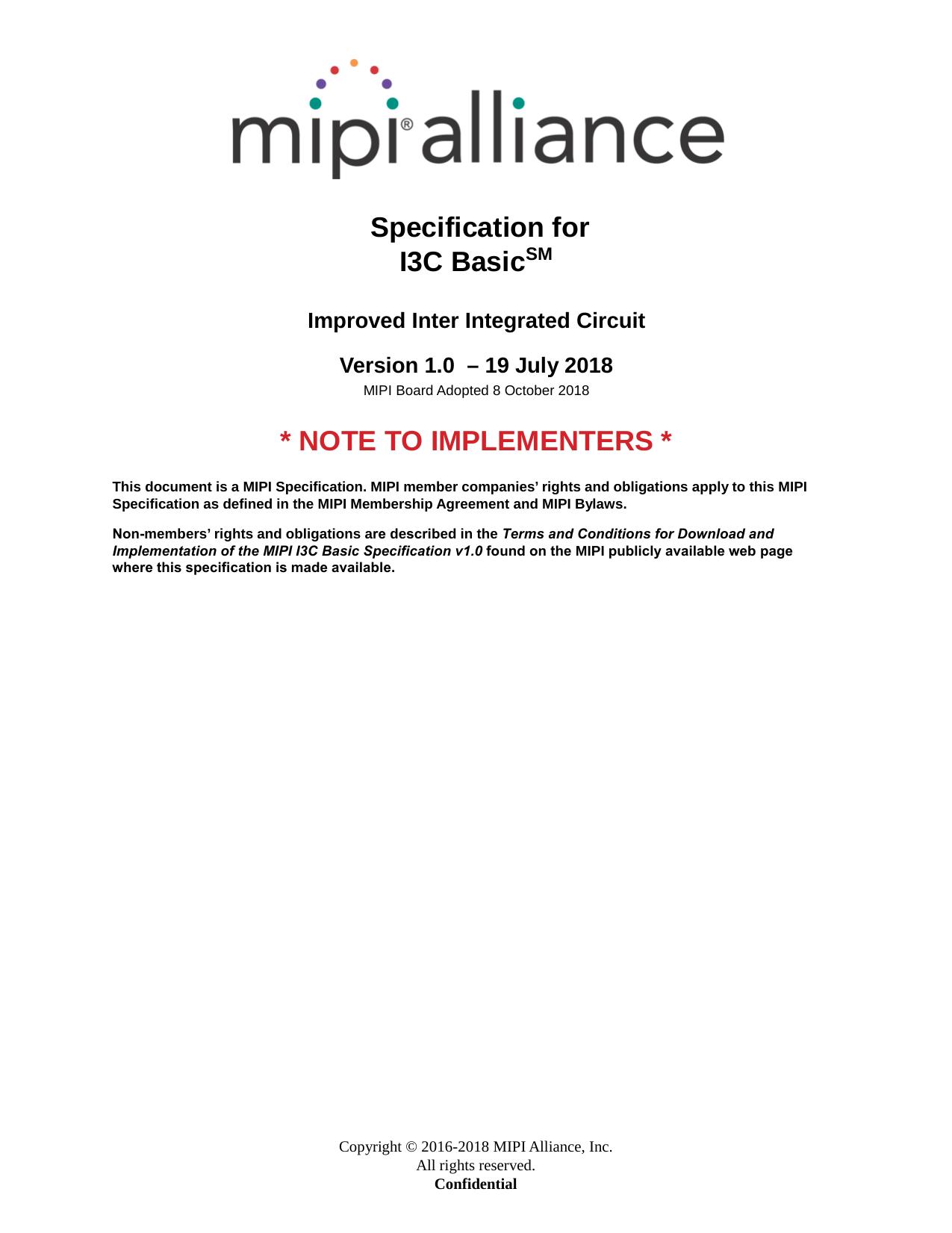 MIPI Alliance Specification for I3C Basic, Version 1.0