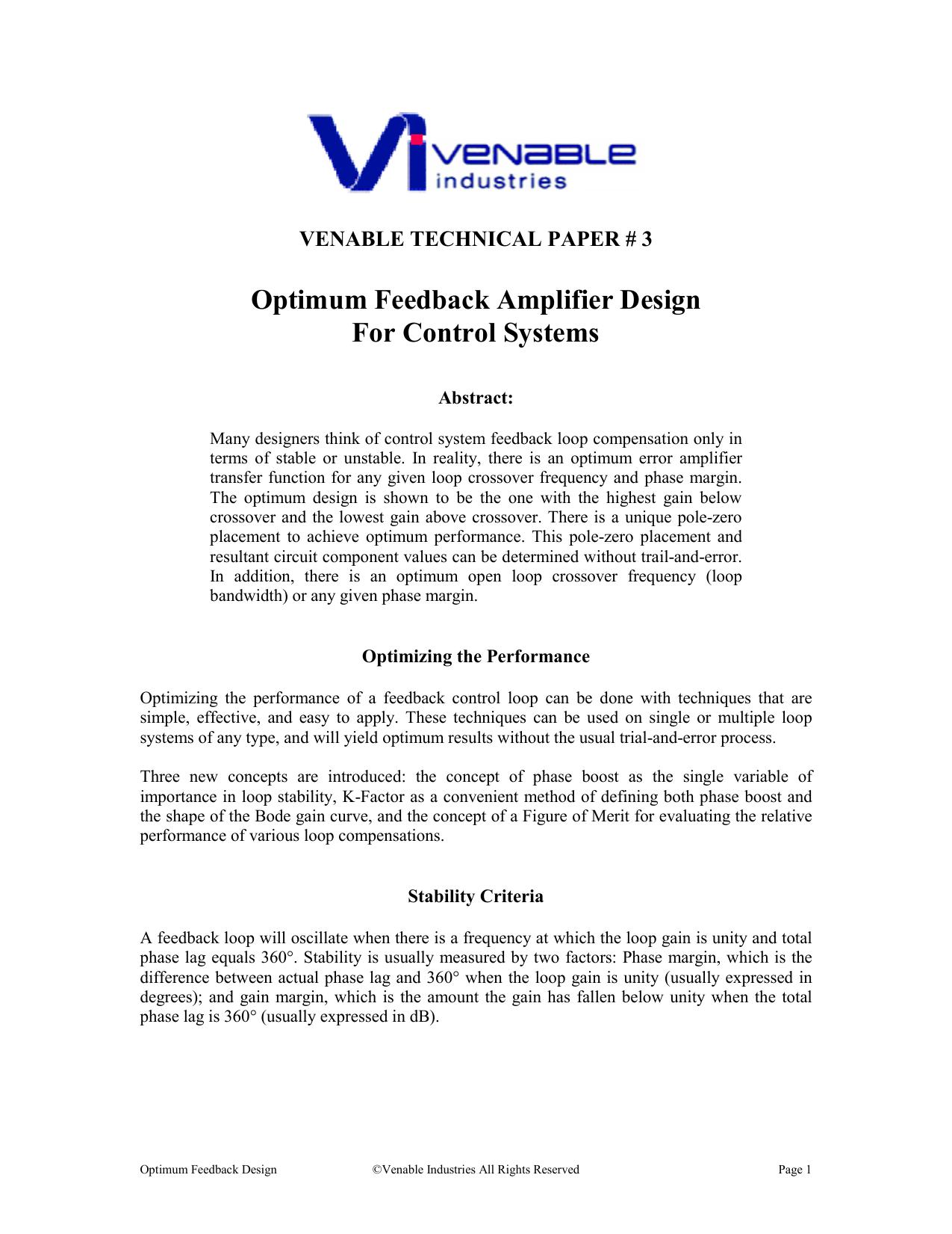 Optimum Feedback Amplifier Design For Control Systems