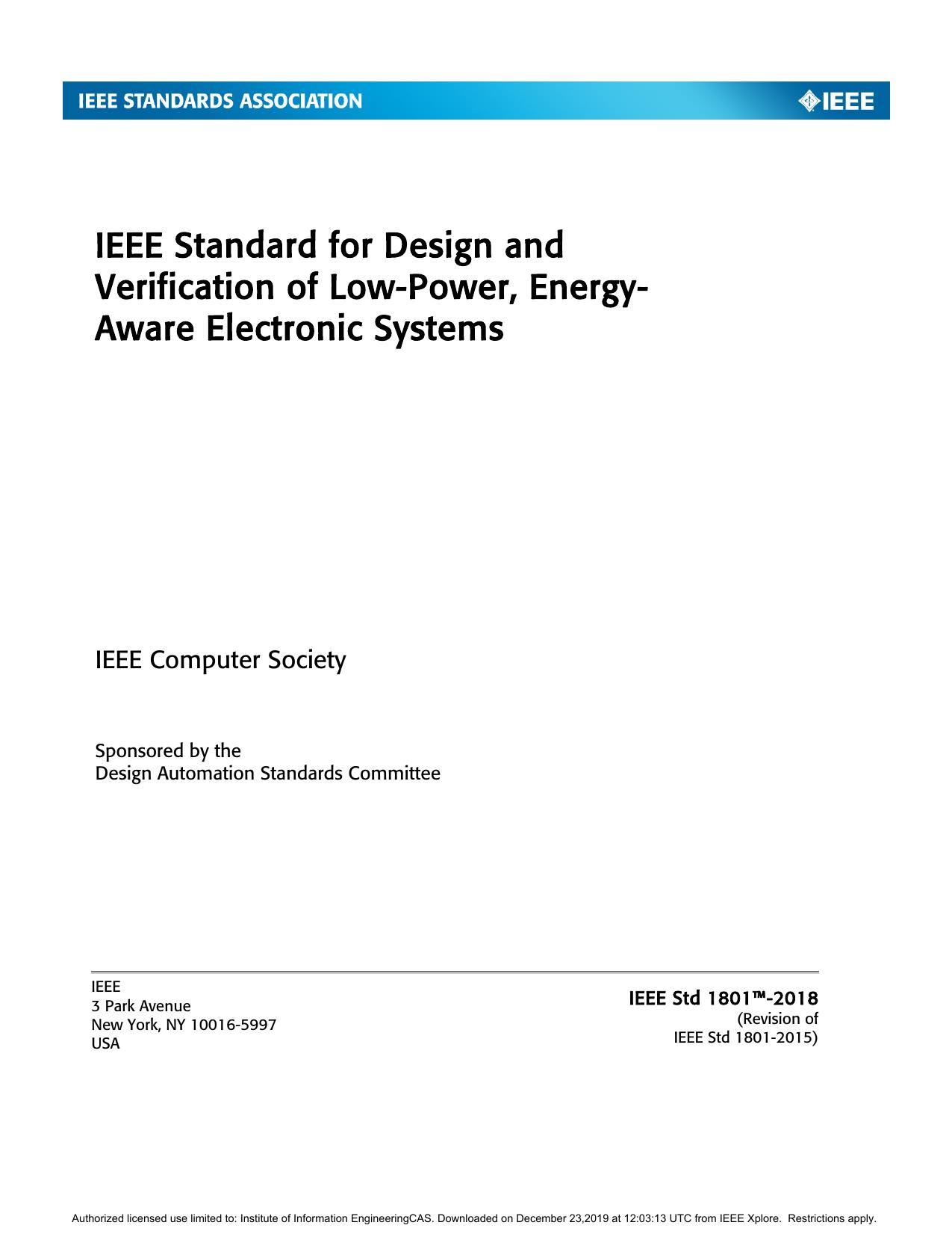 IEEE Std 1801™-2018, IEEE Standard for Design and Verification of Low-Power, Energy-Aware Electronic Systems