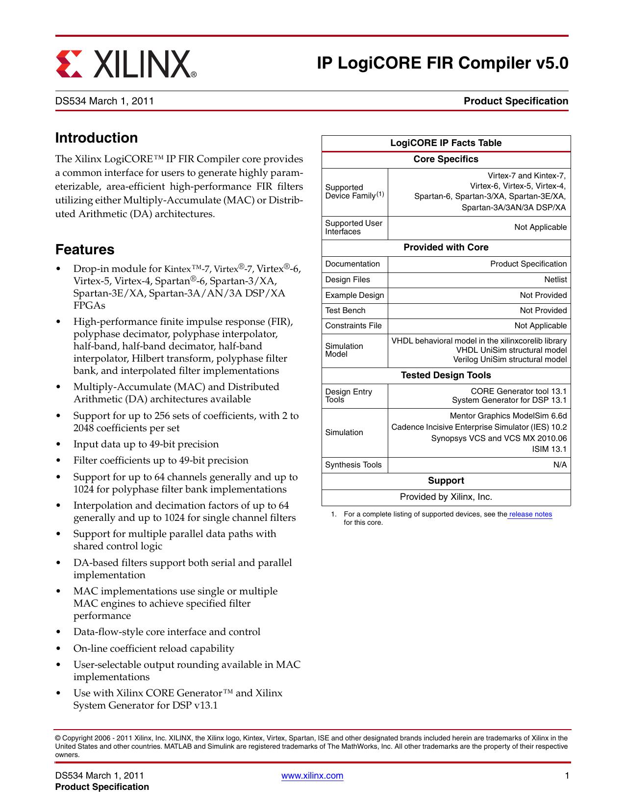 Xilinx DS534, FIR Compiler v5.0, Data Sheet