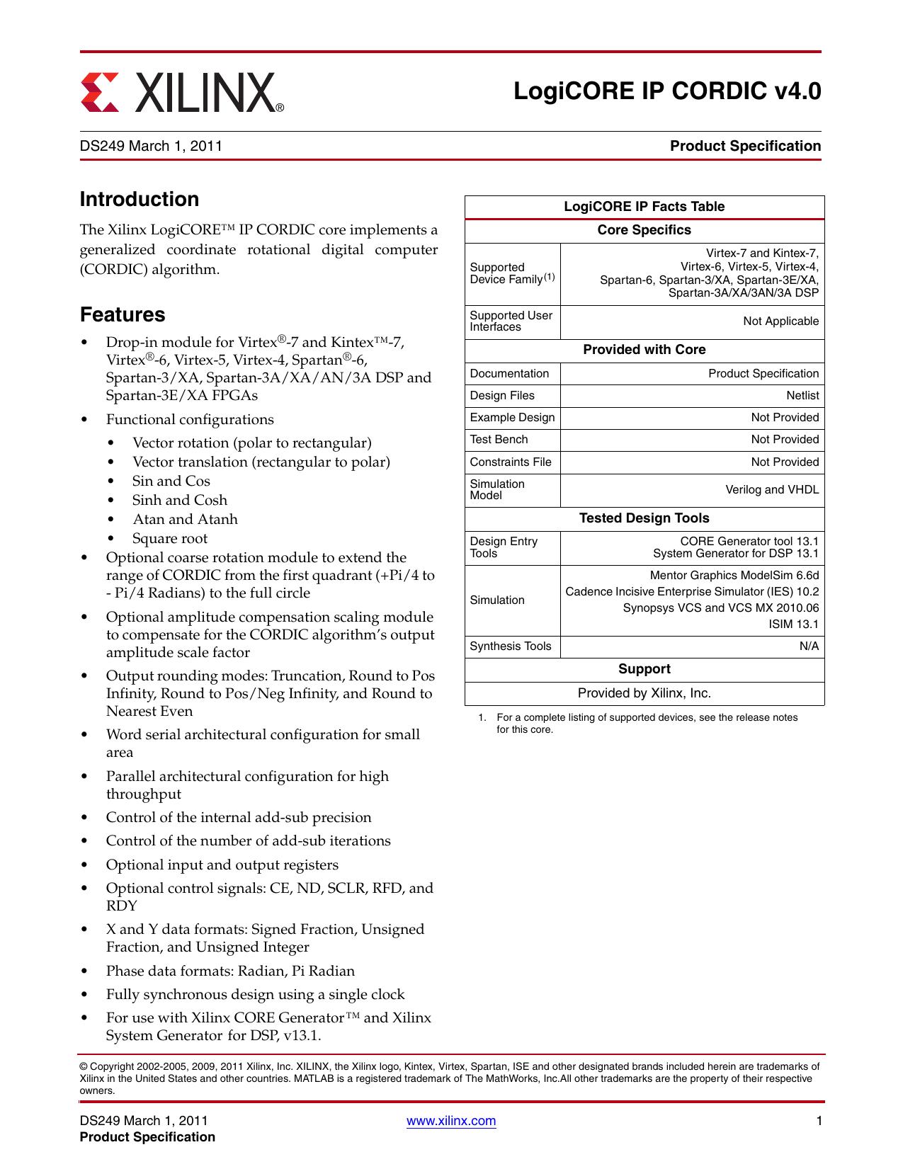 Xilinx DS249 LogiCORE IP CORDIC v4.0, Data Sheet,