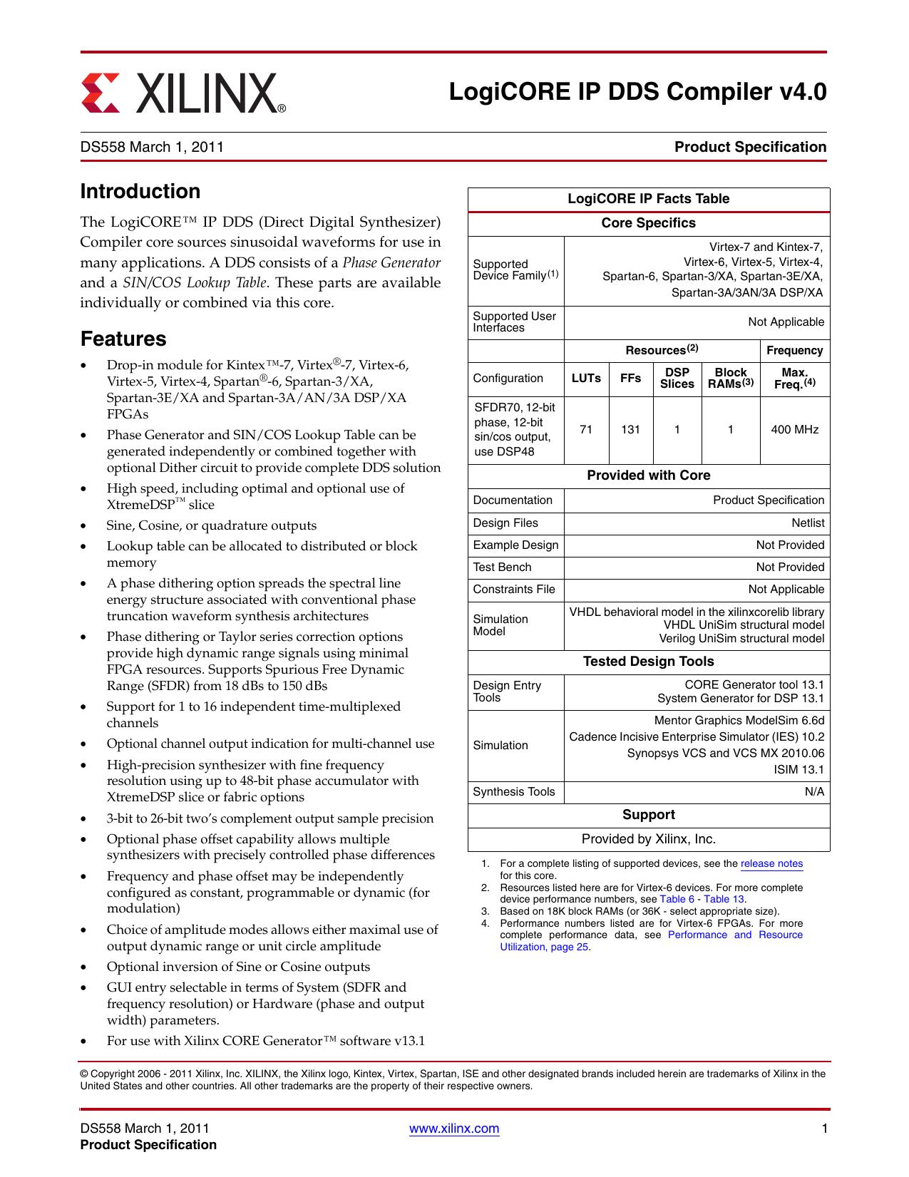 Xilinx DS558, LogiCORE IP DDS Compiler v4.0, Data Sheet