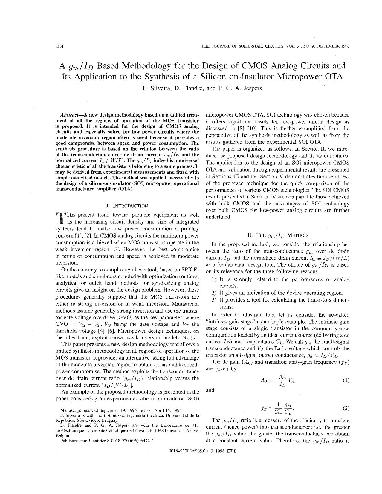 A gm/ID Based Methodology for the Design of CMOS Analog Circuits andd Its Application to the S - Solid-State Circuits, IEEE Journal of