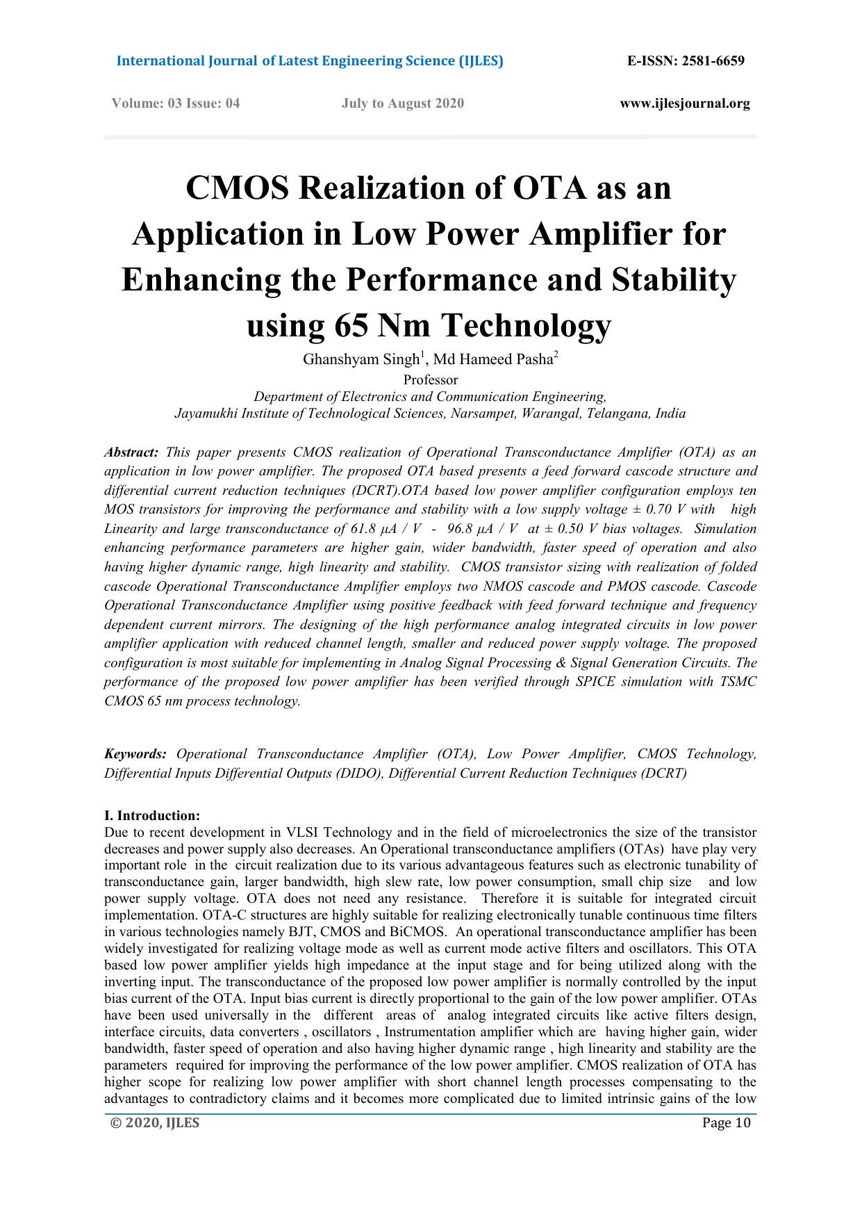 CMOS Realization of OTA as an Application in Low Power Amplifier for Enhancing the Performance and Stability using 65 Nm Technology