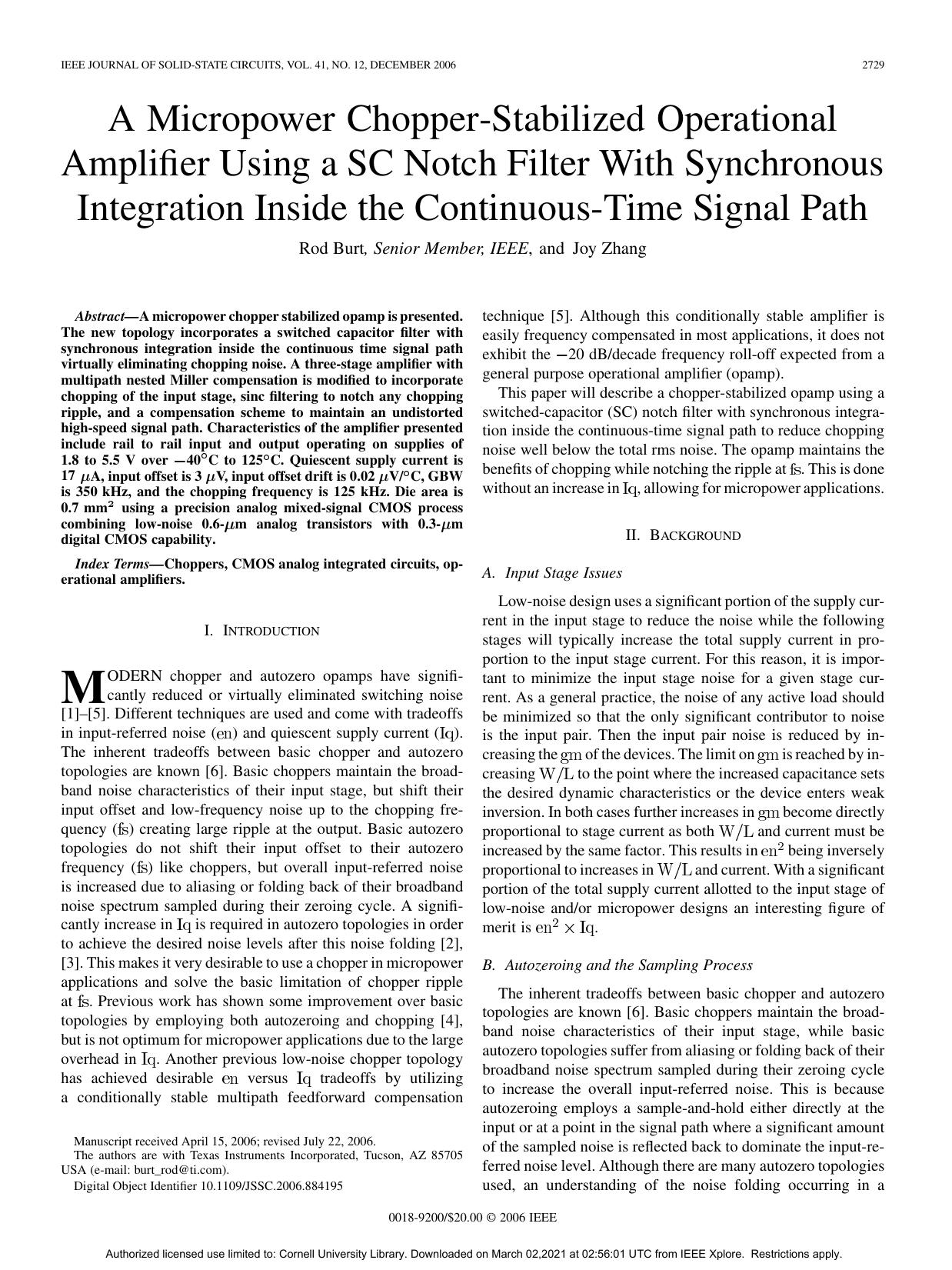 A Micropower Chopper-Stabilized Operational Amplifier Using a SC Notch Filter With Synchronous Integration Inside the Continuous-Time Signal Path