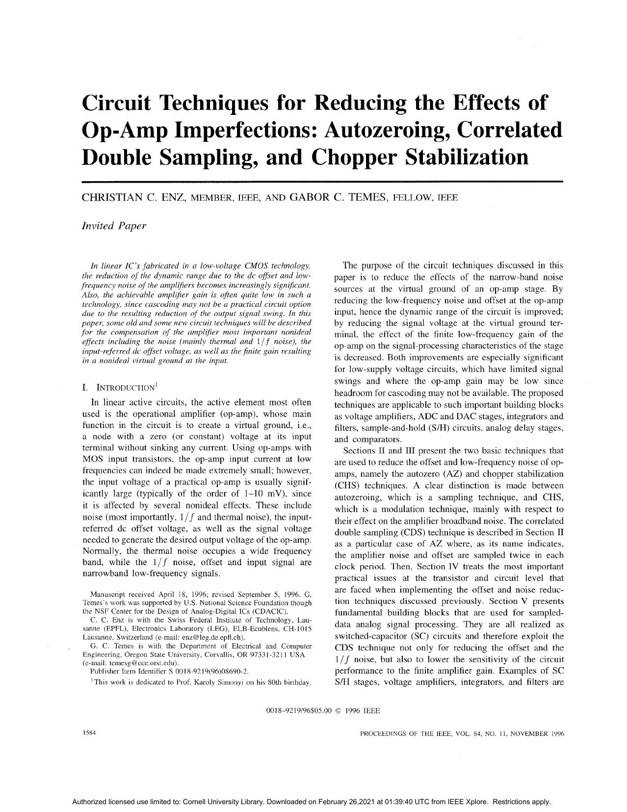 Circuit Techniques for Reducing the Effects of Op-Amp Imperfections: Autozeroing, Correlated Double - Proceedings of the IEEE