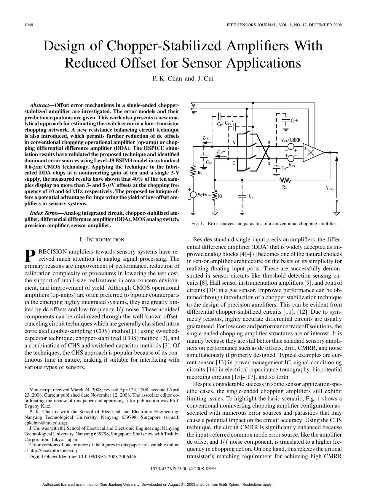 Design of Chopper-Stabilized Amplifiers With  Reduced Offset for Sensor Applications